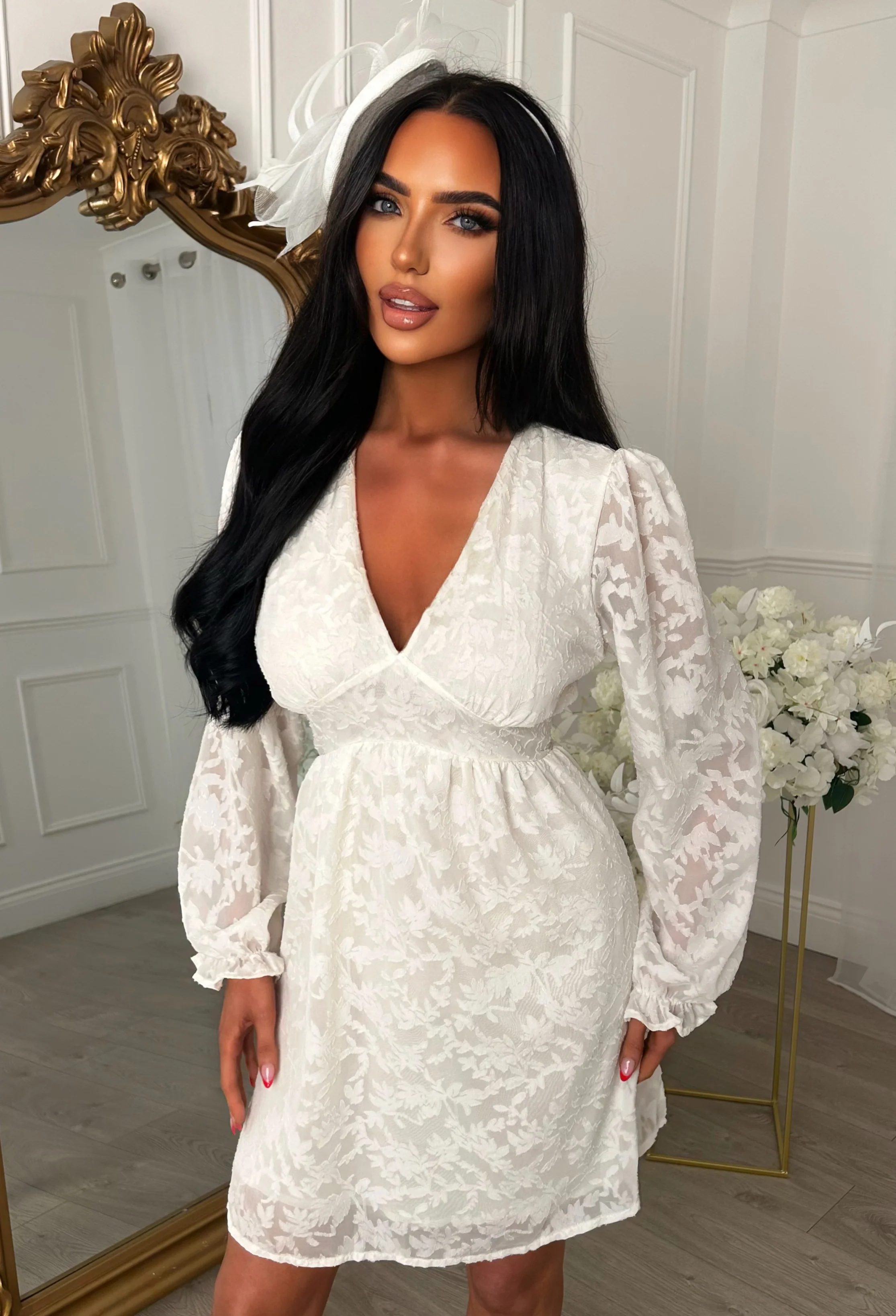 Radiant Drift Cream Long Sleeve Textured Mini Dress - Image 4