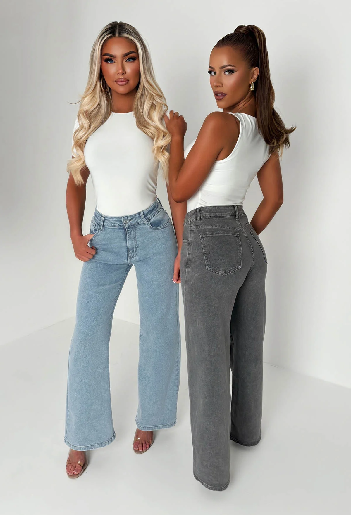 Rae Mid Wash Super-Stretchy Flared Wide Leg Jeans - Image 2