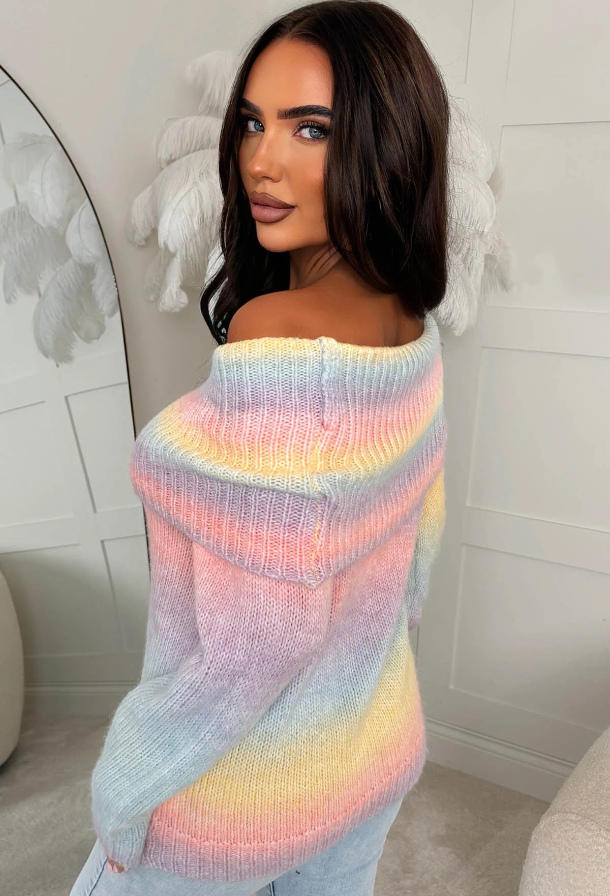 Rainbow Couture Multi Ombre Bardot Foldover Detail Jumper - Image 2