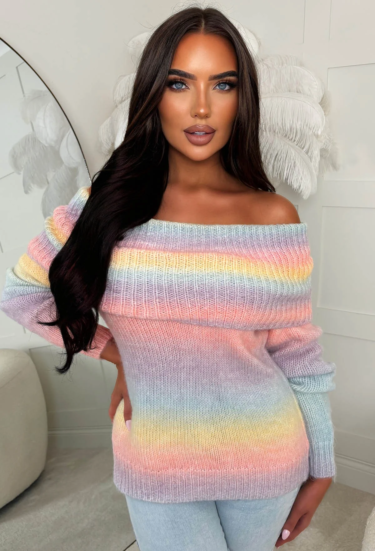 Rainbow Couture Multi Ombre Bardot Foldover Detail Jumper - Image 3