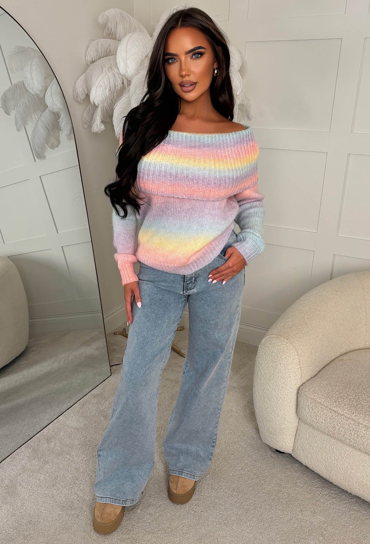 Rainbow Couture Multi Ombre Bardot Foldover Detail Jumper - Image 4