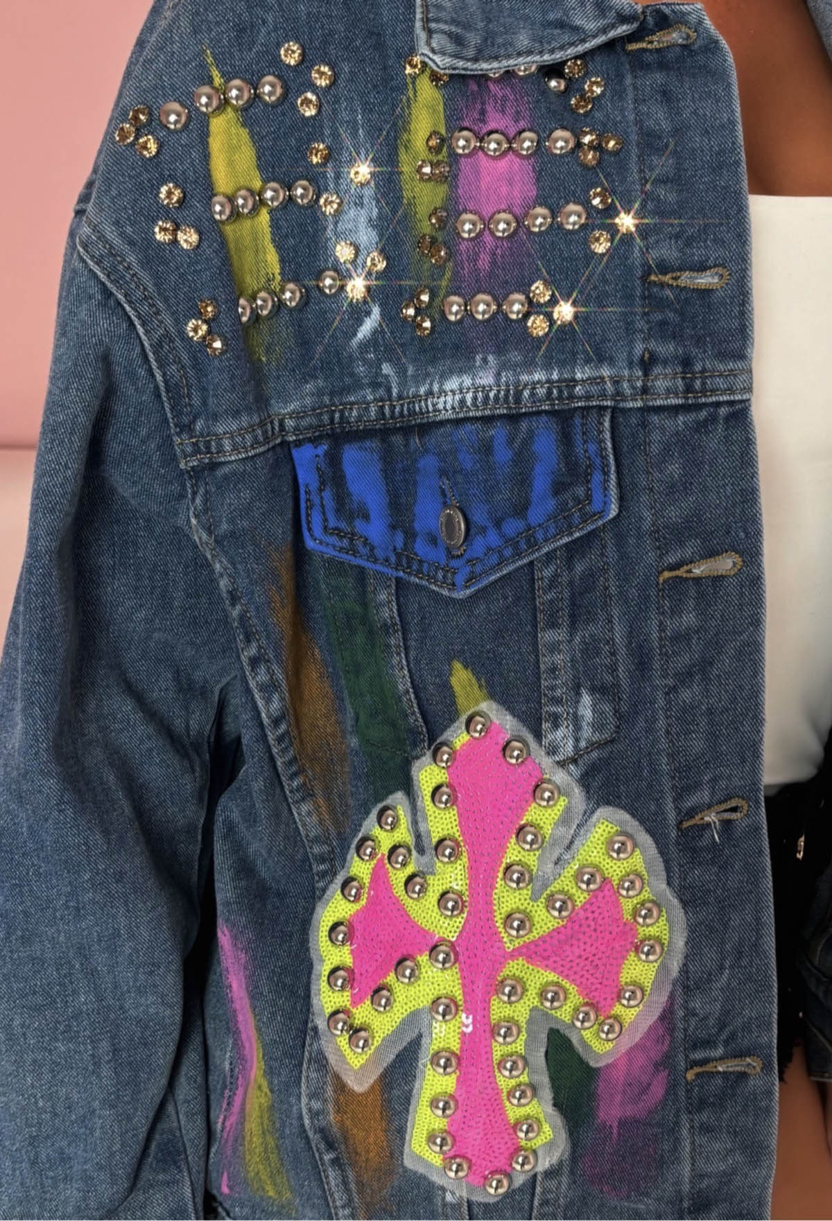 Rainbow's End Mid Wash Graffiti Oversized Denim Jacket - Image 4