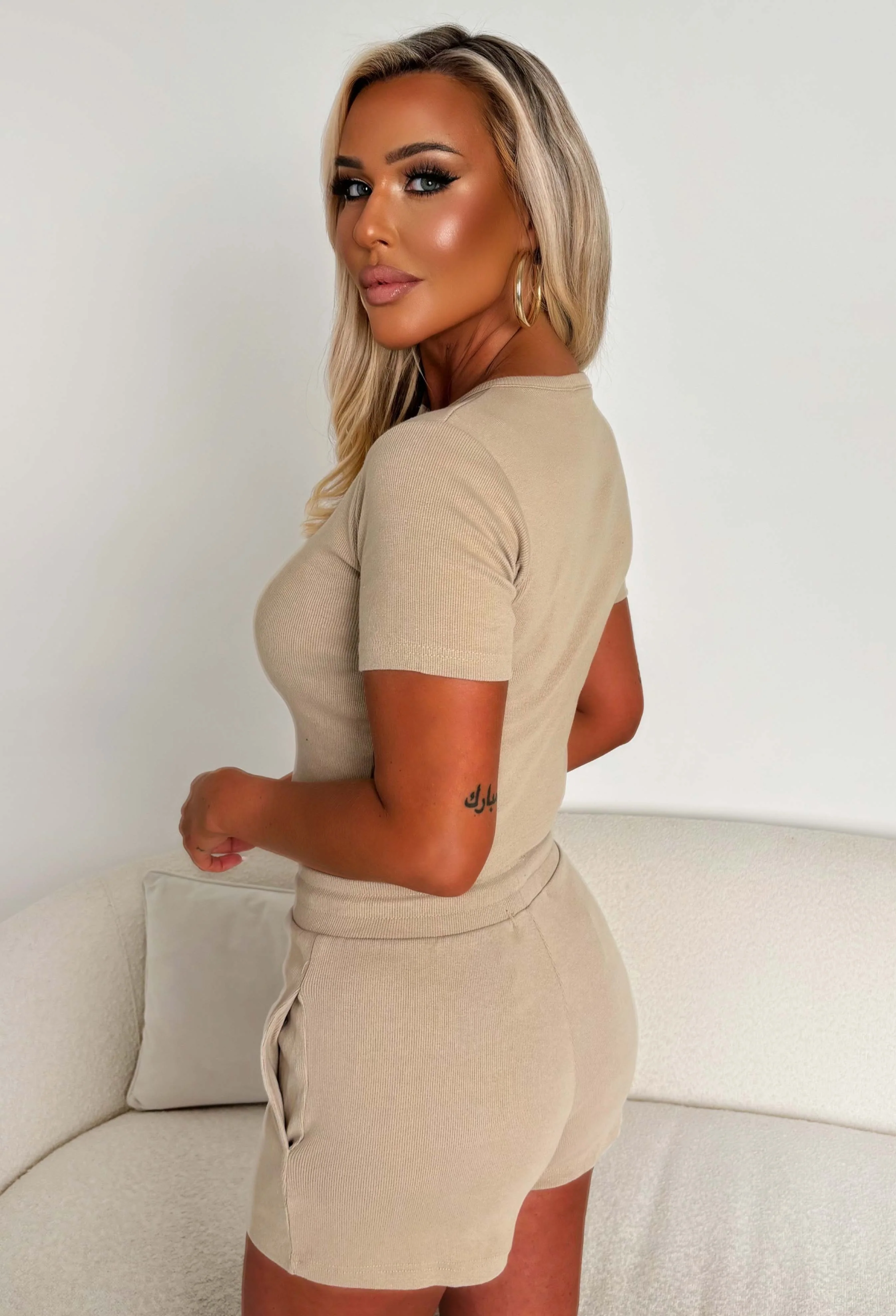 Ready For Takeoff Beige Ribbed Shirt & Shorts Set - Image 2