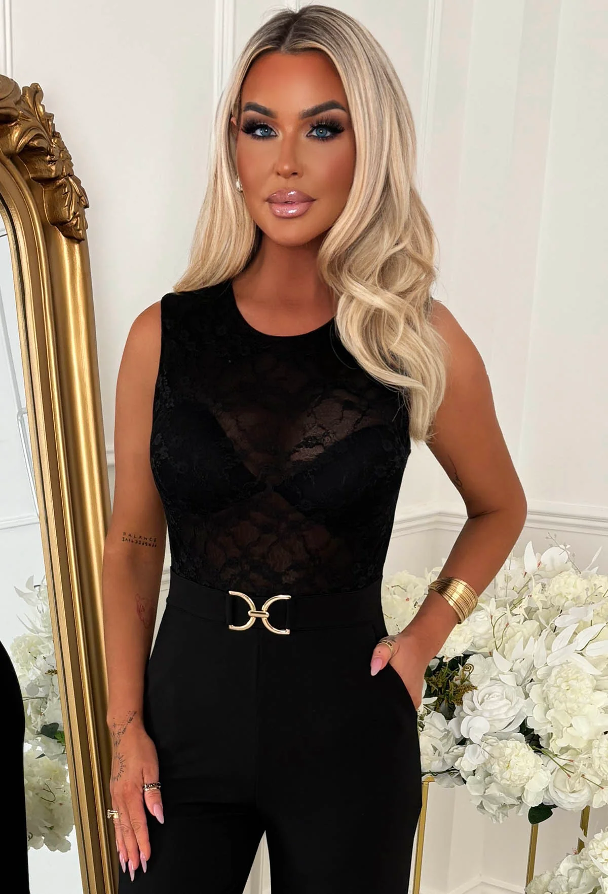 Rebel Crush Black Sleeveless Lace Top Jumpsuit With Belt Detail - Image 3