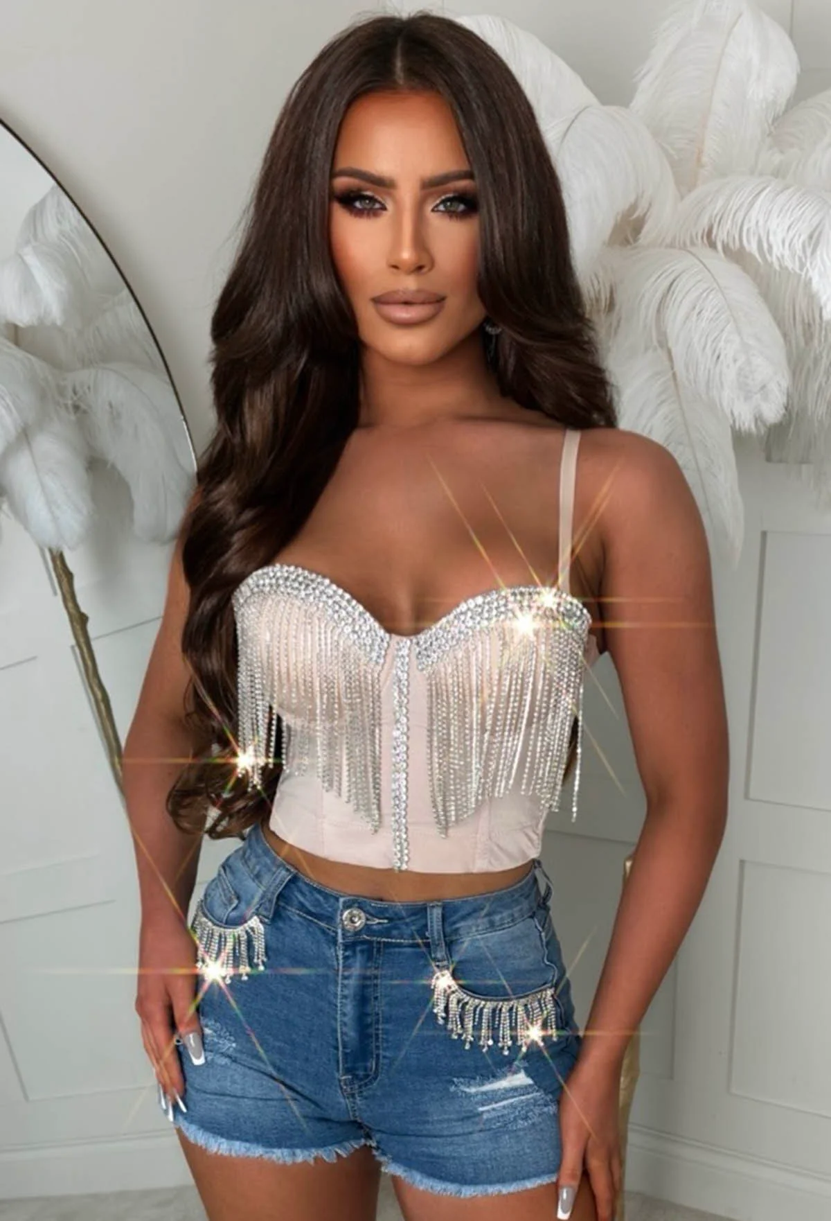 Reckless Romance Nude Diamond Tassel Bodice Crop Top