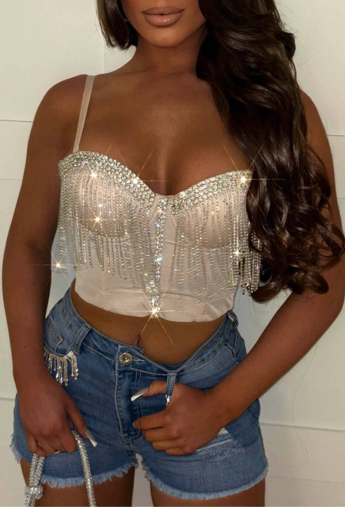 Reckless Romance Nude Diamond Tassel Bodice Crop Top - Image 4