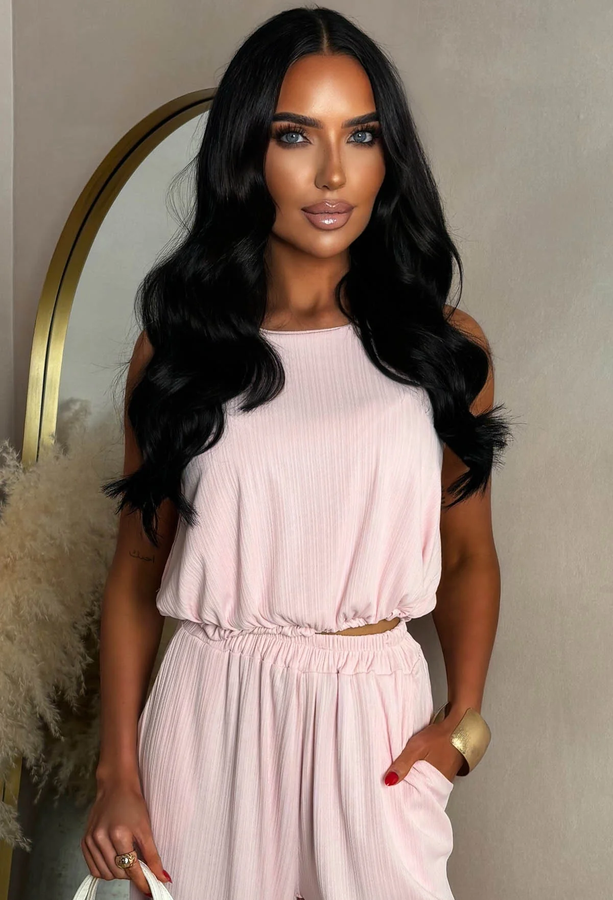 Regine Light Pink Plisse Top & Trouser Co-Ord Set - Image 3