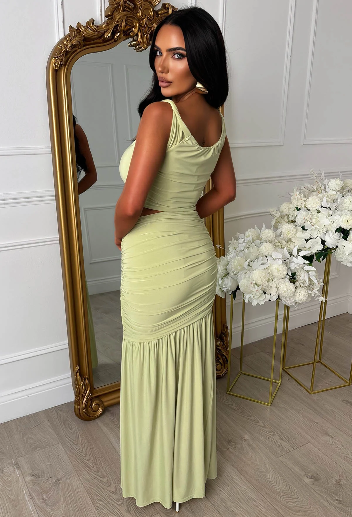 Reputation Of Glam Pistachio Green Floral Buckle Off Shoulder Top And Maxi Skirt Co-Ord Set - Image 5