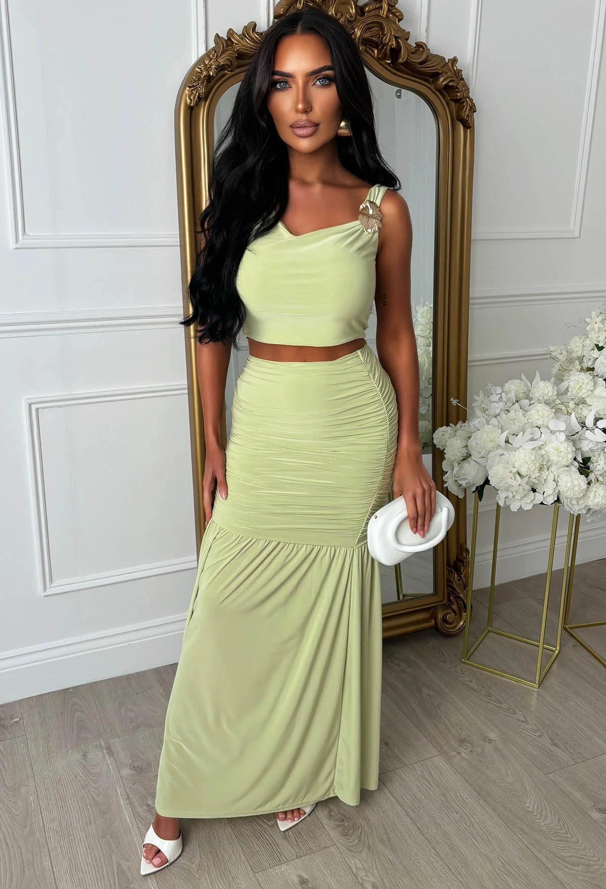 Reputation Of Glam Pistachio Green Floral Buckle Off Shoulder Top And Maxi Skirt Co-Ord Set - Image 7