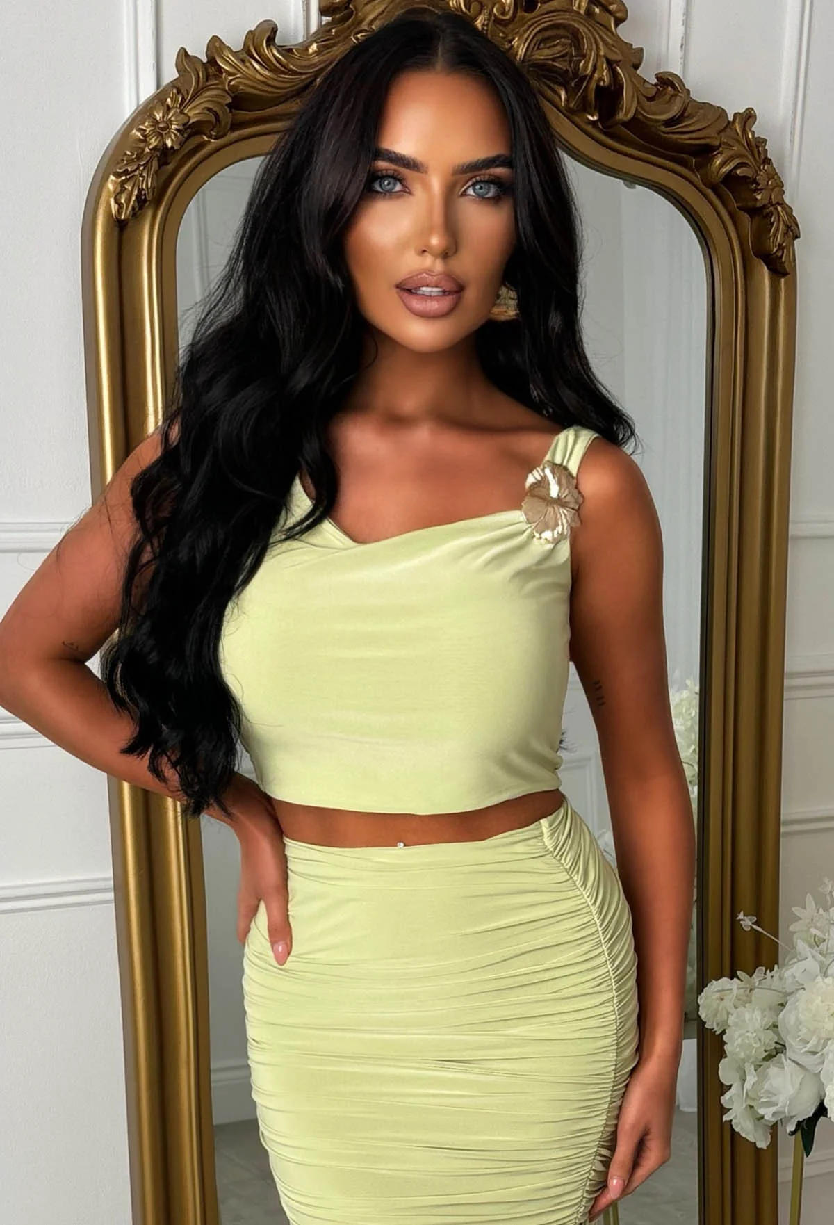 Reputation Of Glam Pistachio Green Floral Buckle Off Shoulder Top And Maxi Skirt Co-Ord Set - Image 8