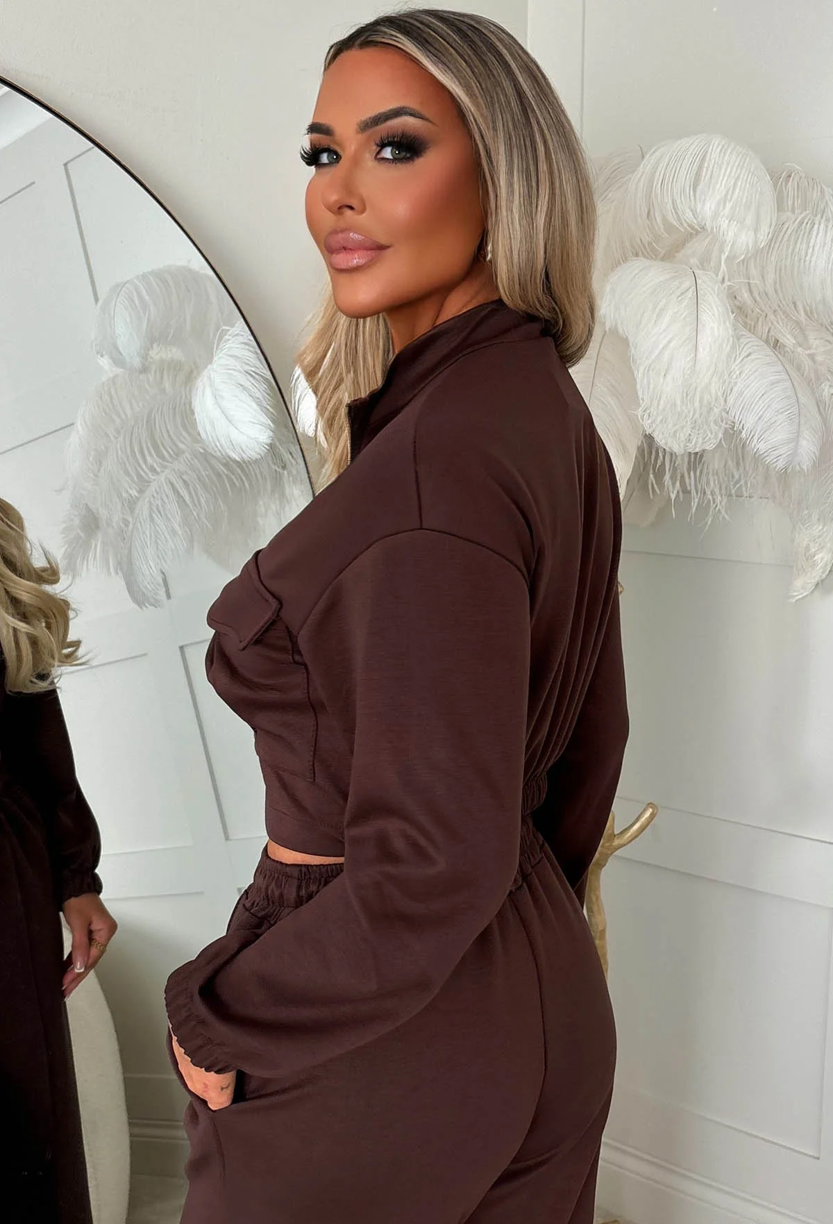 Rest Mode Chocolate Brown Zip Up Pocket Lounge Co-Ord Set - Image 4