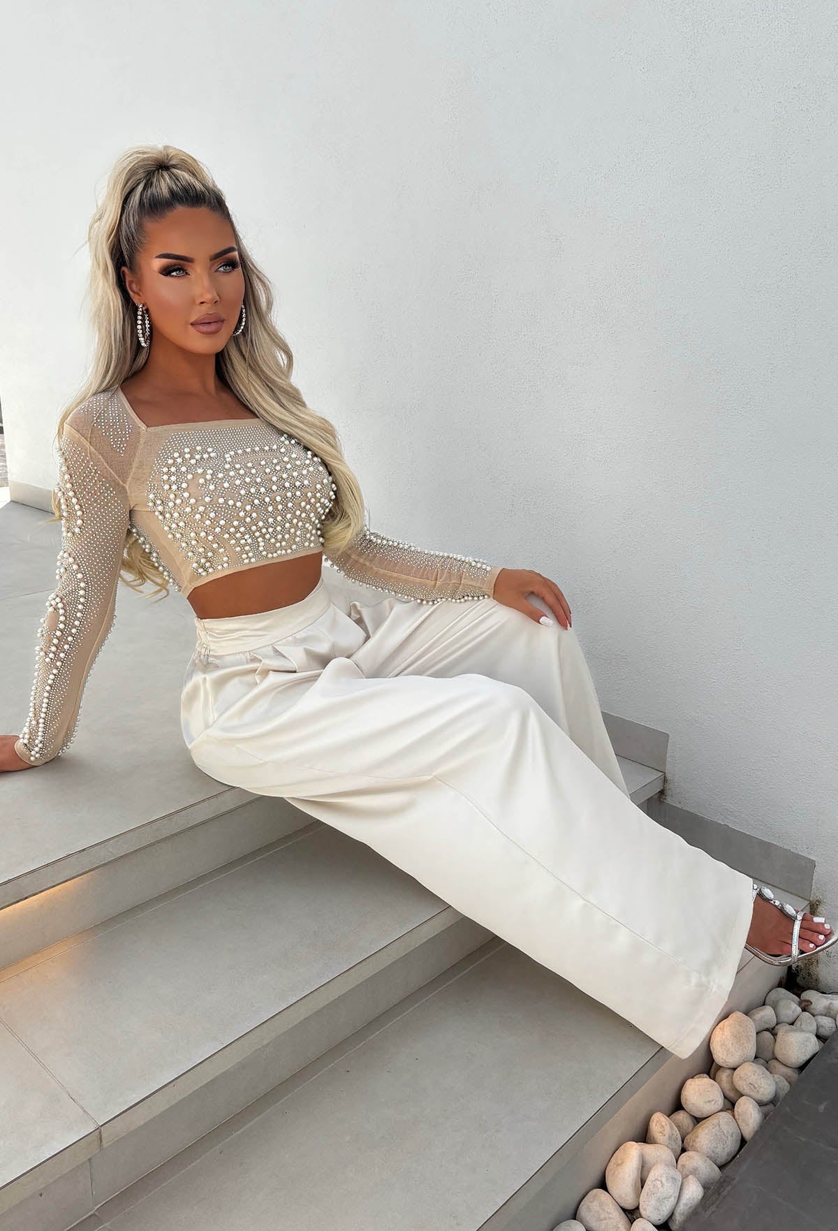 Rhinestone Rebel Nude Diamante Embellished Long Sleeve Mesh Top - Image 4