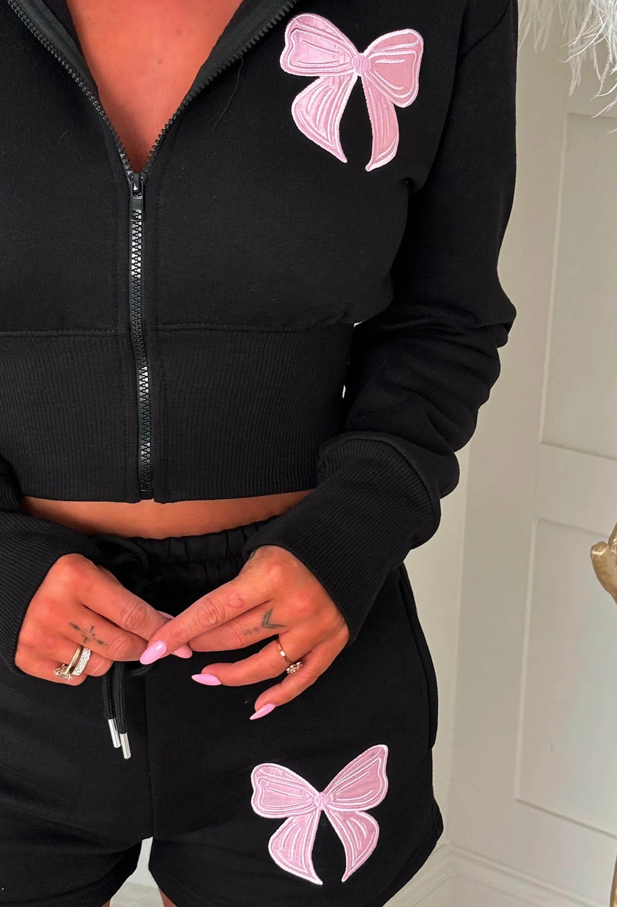 Ribbon Kiss Black Bow Cropped Hoodie And Shorts Loungewear Set - Image 2