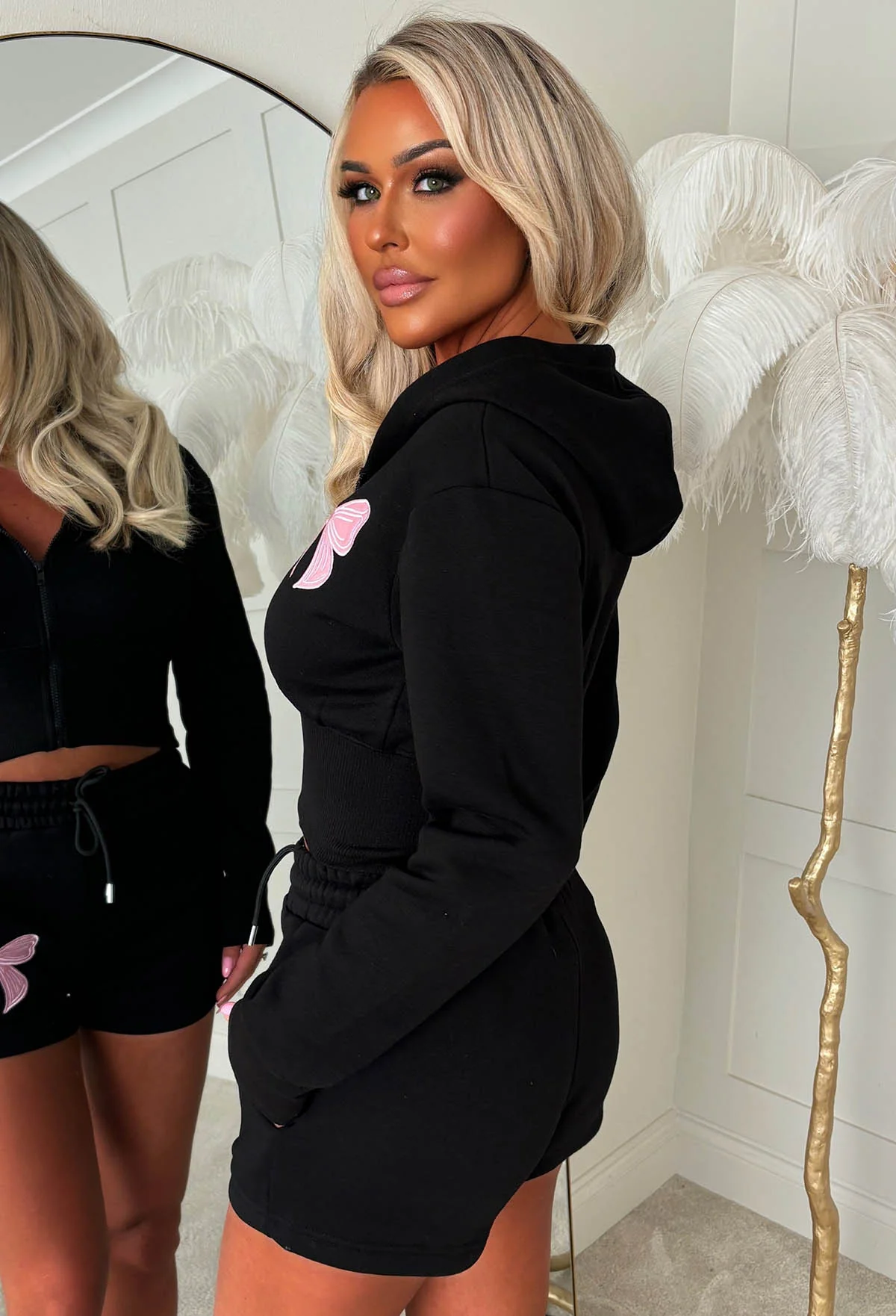 Ribbon Kiss Black Bow Cropped Hoodie And Shorts Loungewear Set - Image 3