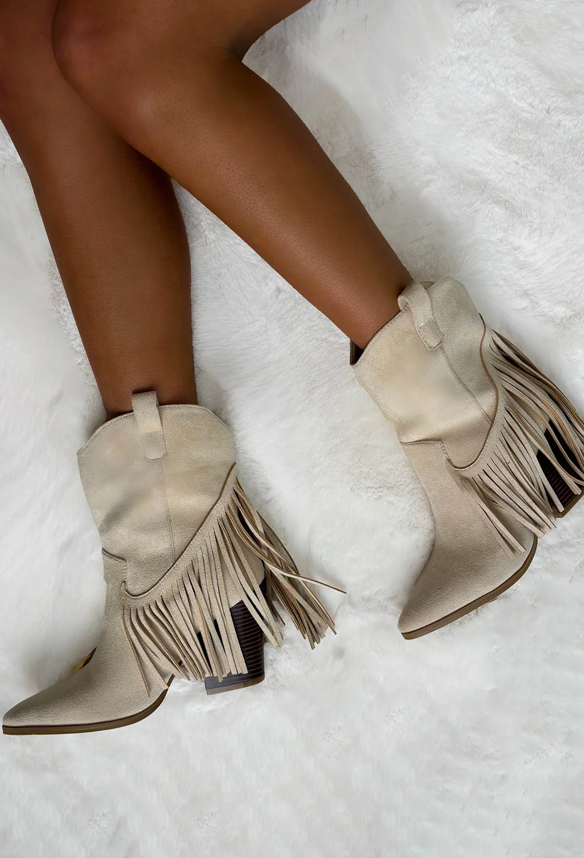 Ride Em Cowboy Beige Faux Suede Tassel Boots - Image 2