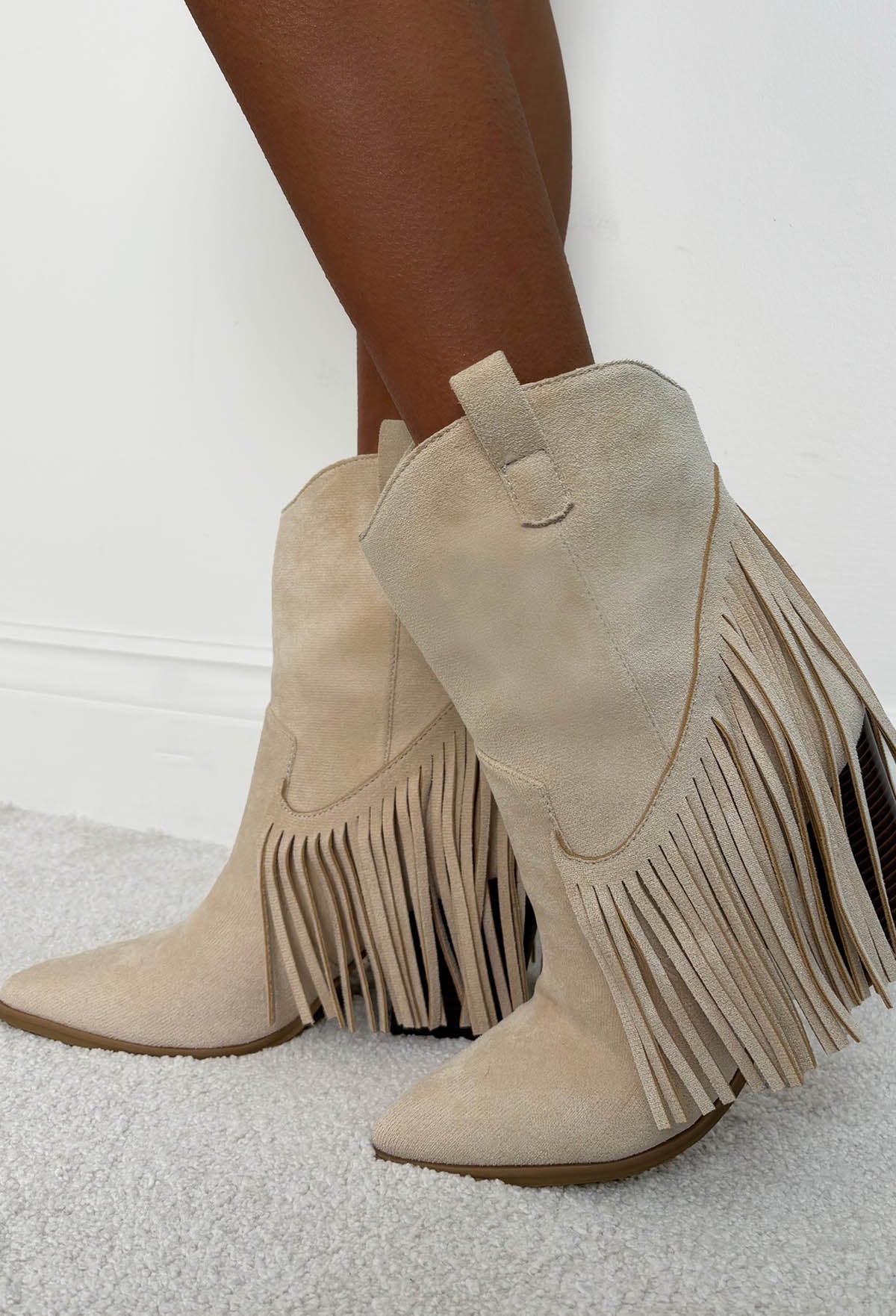 Ride Em Cowboy Beige Faux Suede Tassel Boots - Image 3