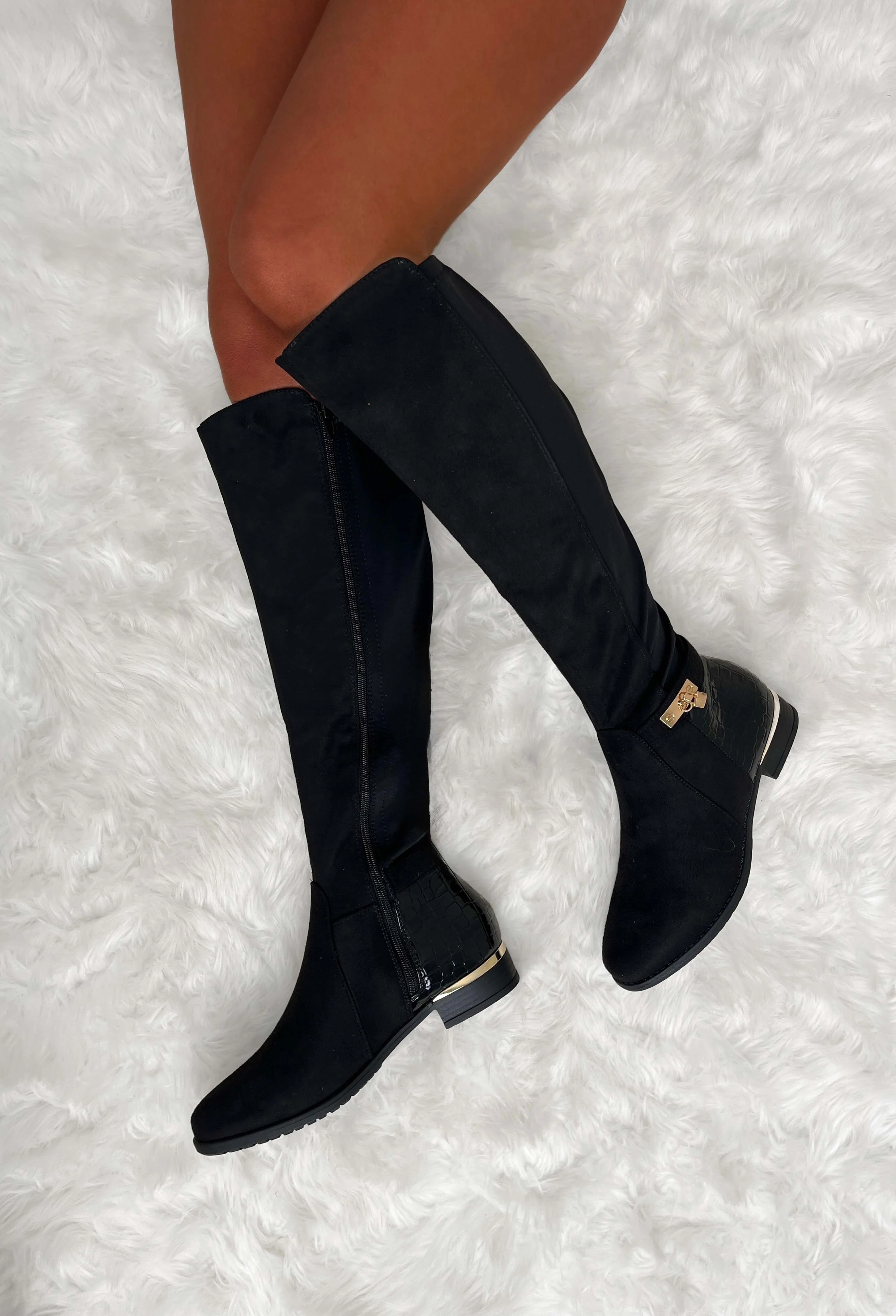 Riding High Black Faux Croc & Jersey Knee High Riding Boot - Image 2