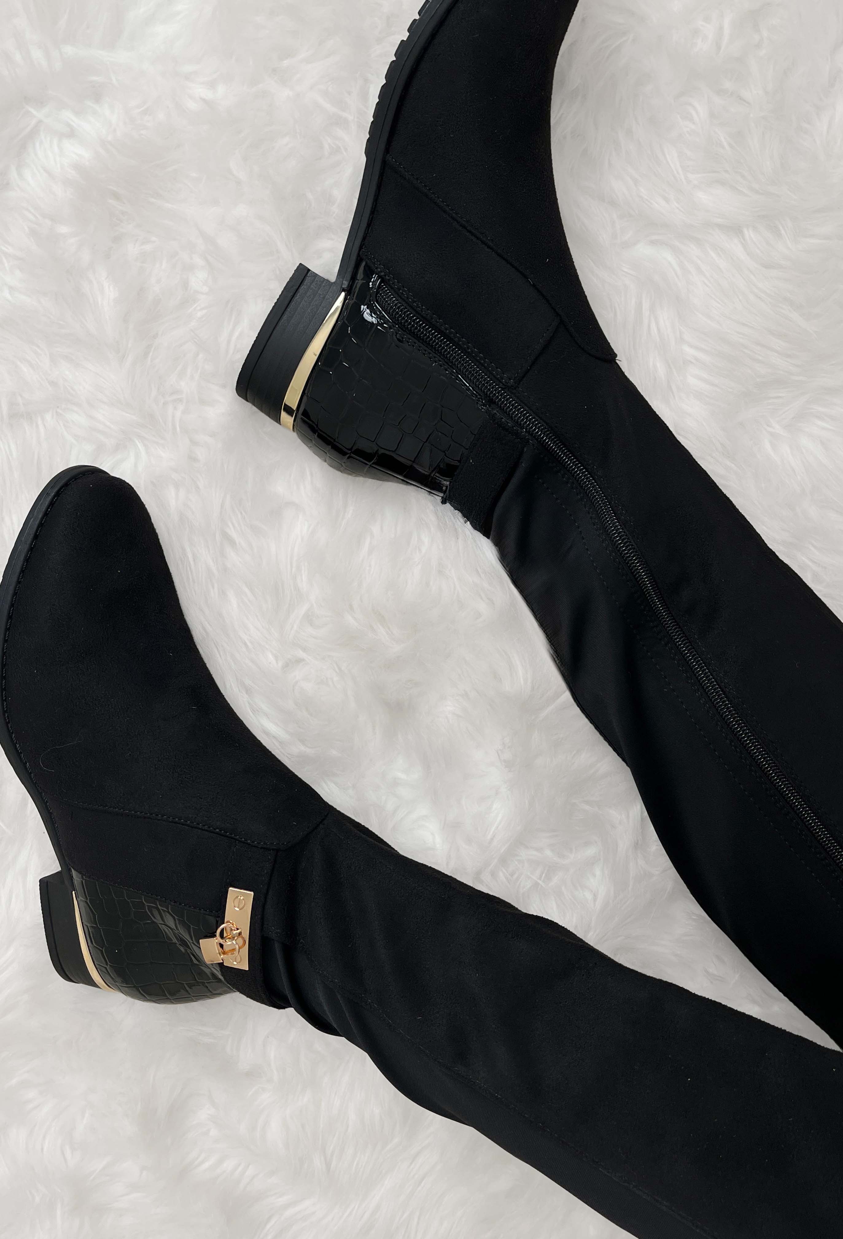 Riding High Black Faux Croc & Jersey Knee High Riding Boot - Image 4