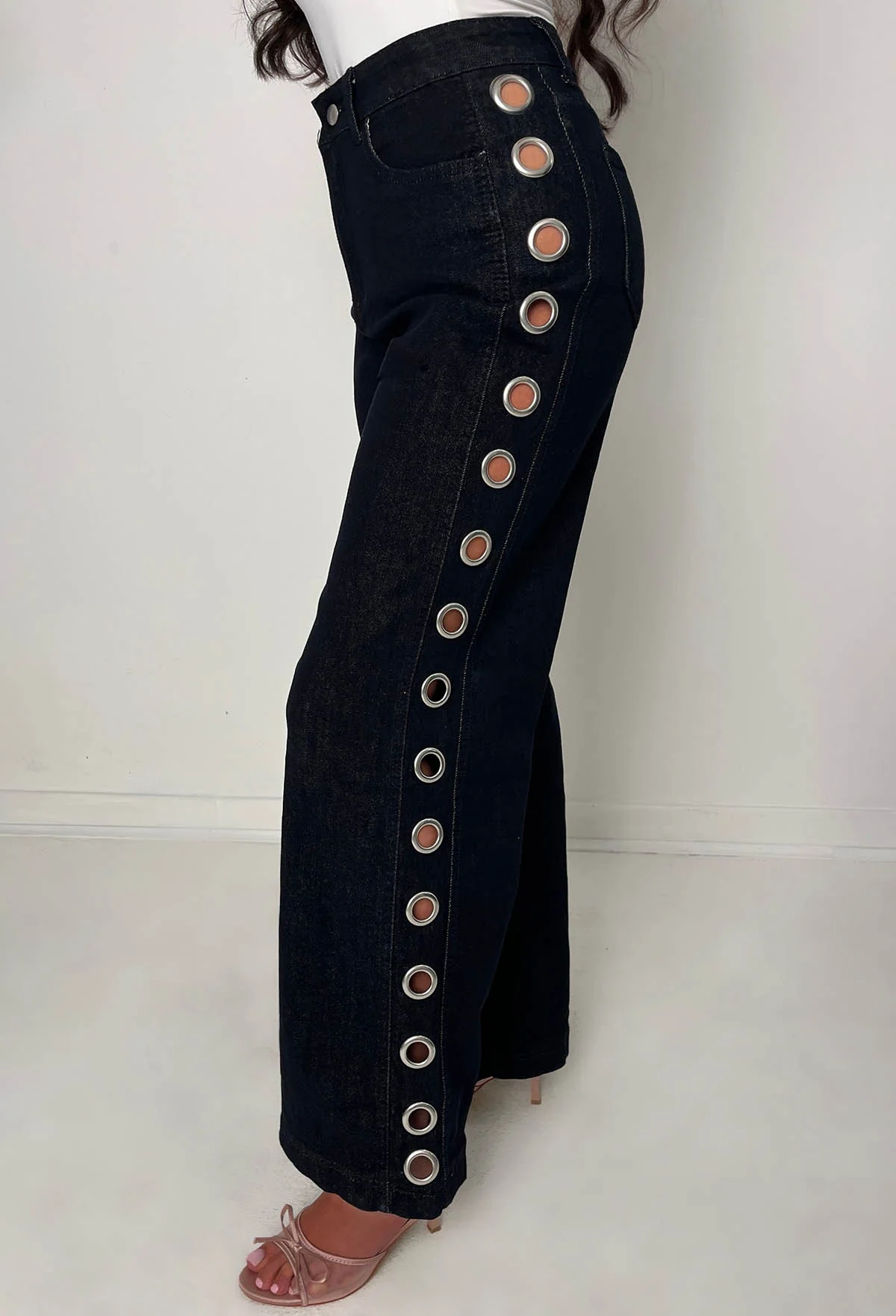 Ring Me Dark Blue Eyelet Wide Leg Stretch Jeans - Image 3