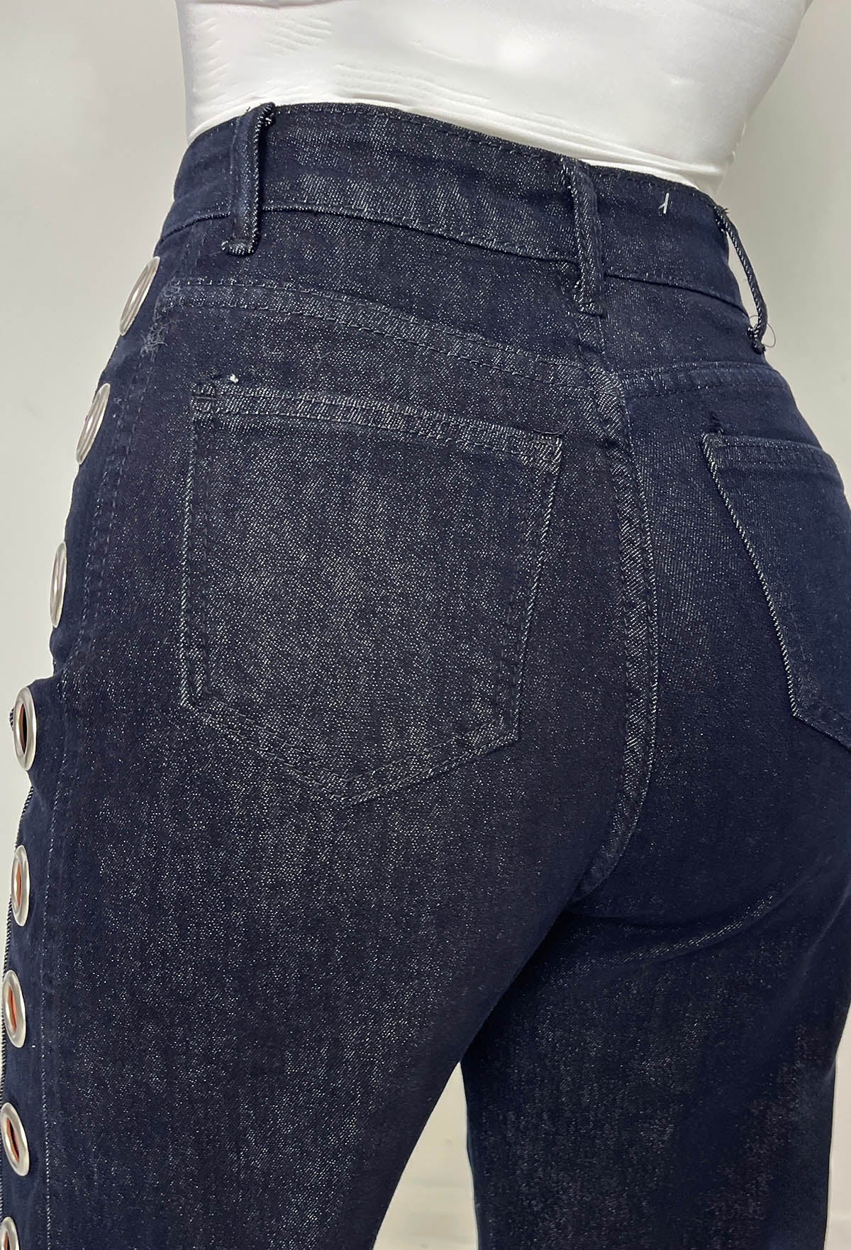 Ring Me Dark Blue Eyelet Wide Leg Stretch Jeans - Image 5