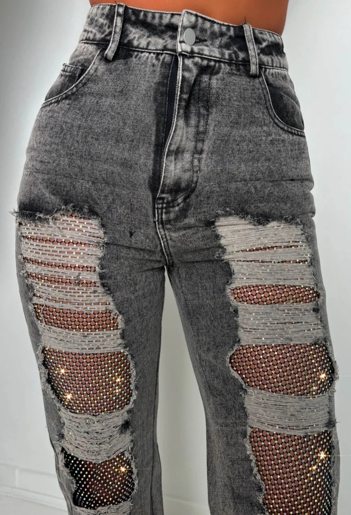 Ripped & Ready Black Ripped Jeans With Diamante Mesh - Image 5