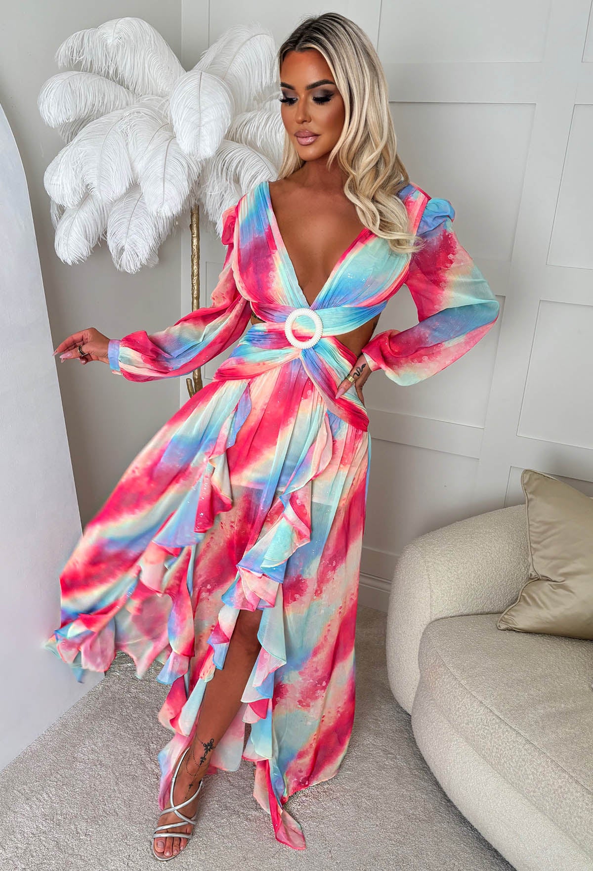 Riviera Nights Multi Ring Front Cut Out Diamante Printed Maxi Dress - Image 5
