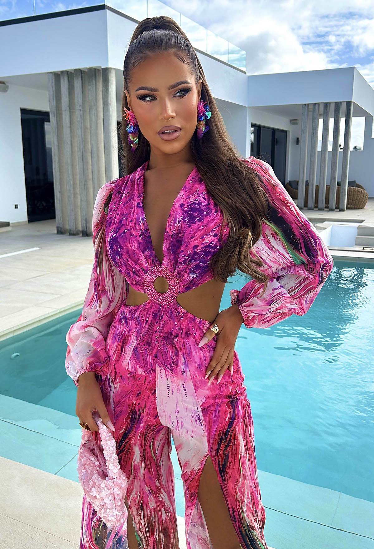 Riviera Nights Pink Ring Front Cut Out Jewel Jumpsuit - Image 4