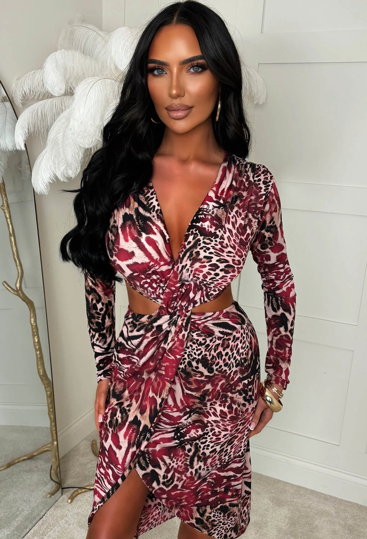 Rogue Feline Burgundy Twist Wrap Front Long Sleeve Dress - Image 2