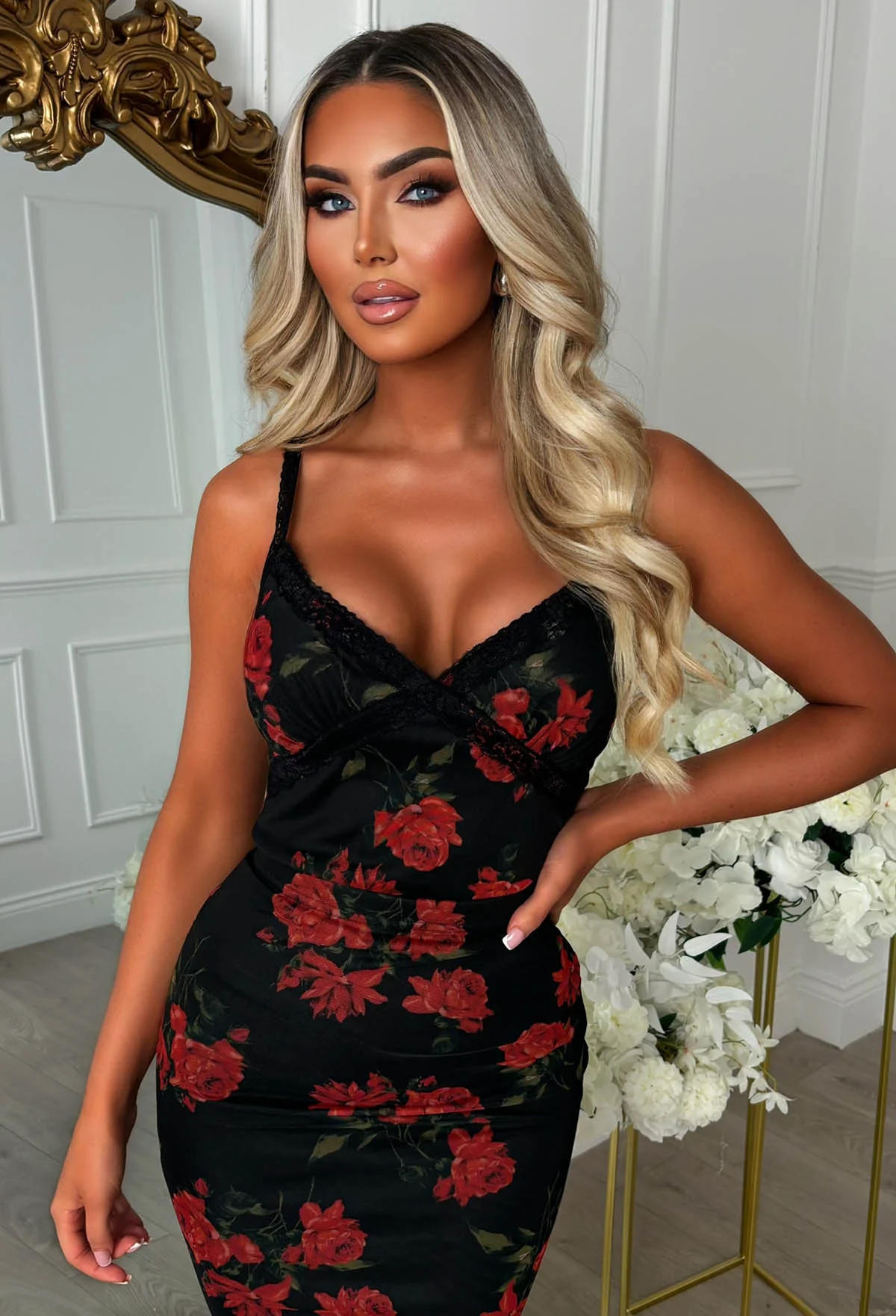 Romance In The Garden Black Lace Detail Mesh Top & Midi Skirt Co-Ord Set - Image 7