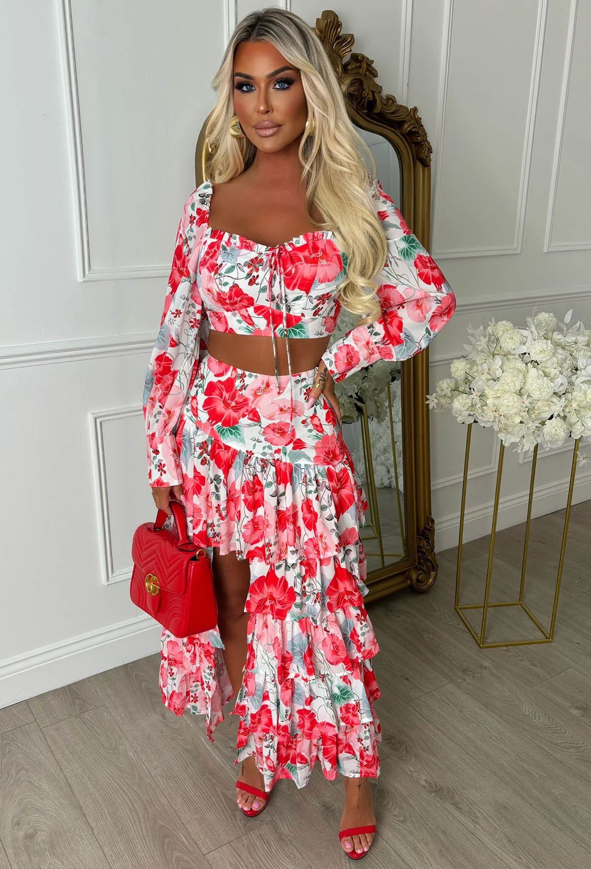 Romance Red Floral Print Waterfall Tiered Maxi Skirt Co-ord