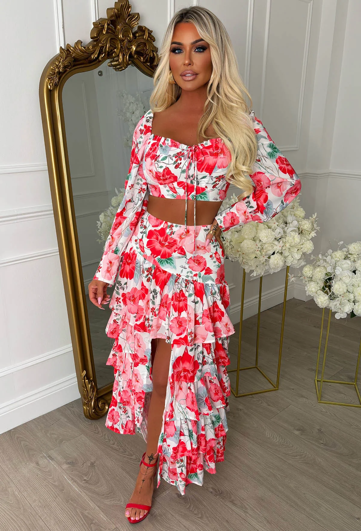 Romance Red Floral Print Waterfall Tiered Maxi Skirt Co-ord - Image 3