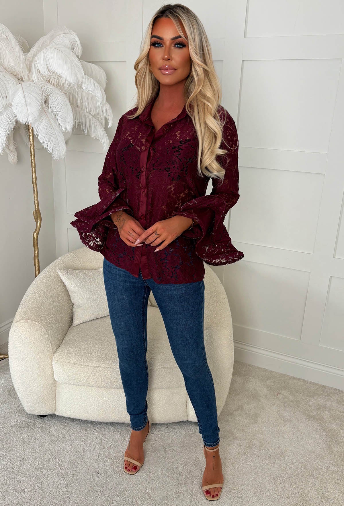 Romantic Energy Burgundy Lace Flared Sleeve Blouse - Image 3
