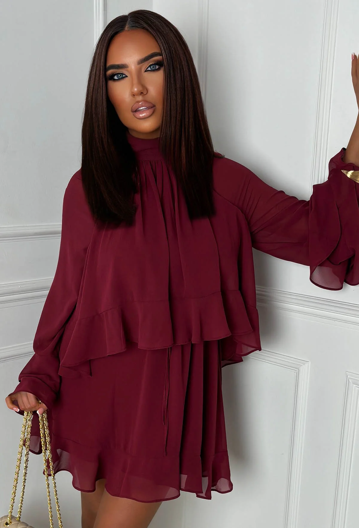 Romantic Frills Burgundy Frill Georgette Dress - Image 3