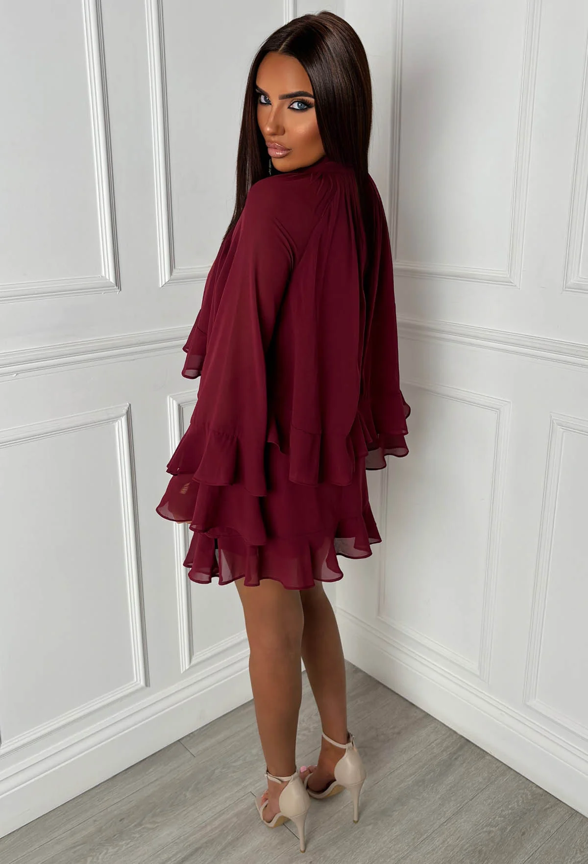 Romantic Frills Burgundy Frill Georgette Dress - Image 4