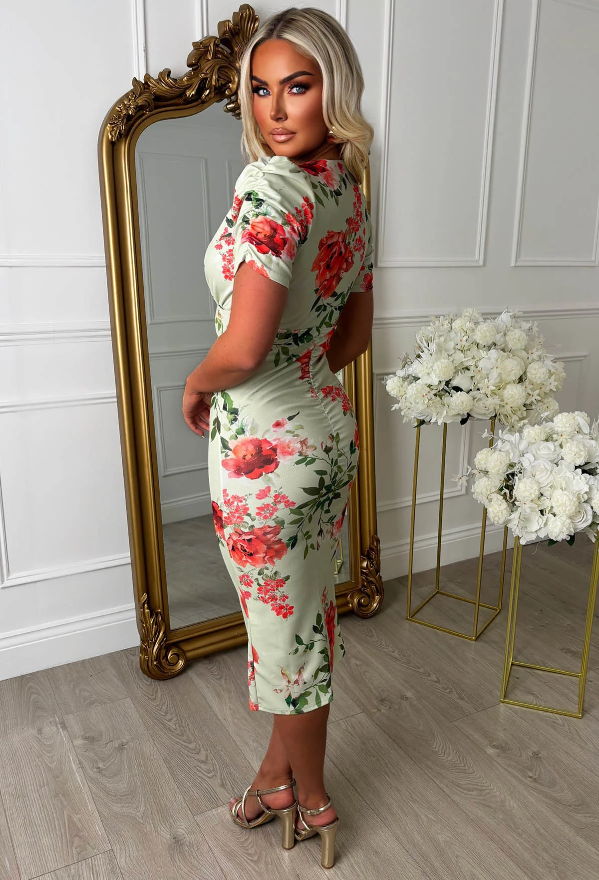 Rose Allure Multi Floral Print Ruched Front Midi Dress - Image 2