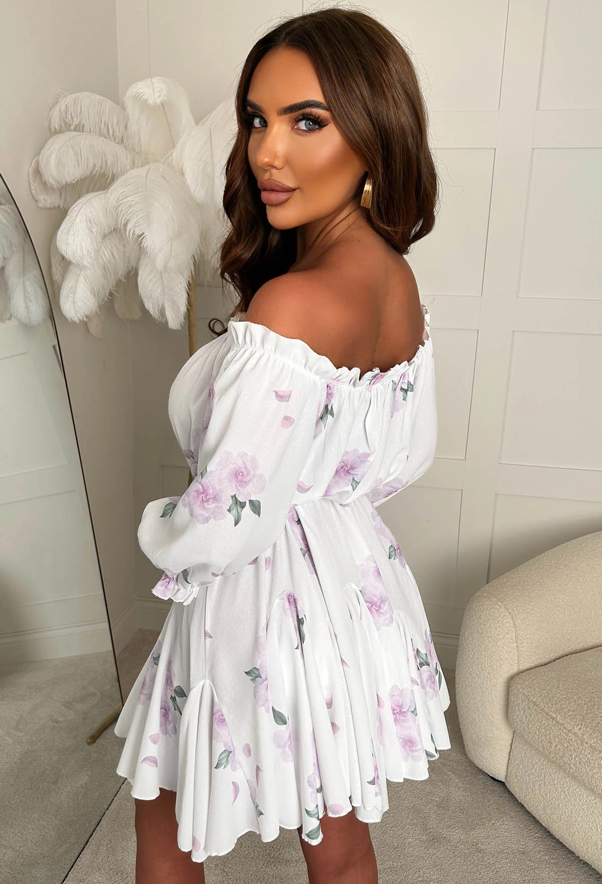 Rose On Repeat White Floral Print Bardot Mini Dress - Image 3