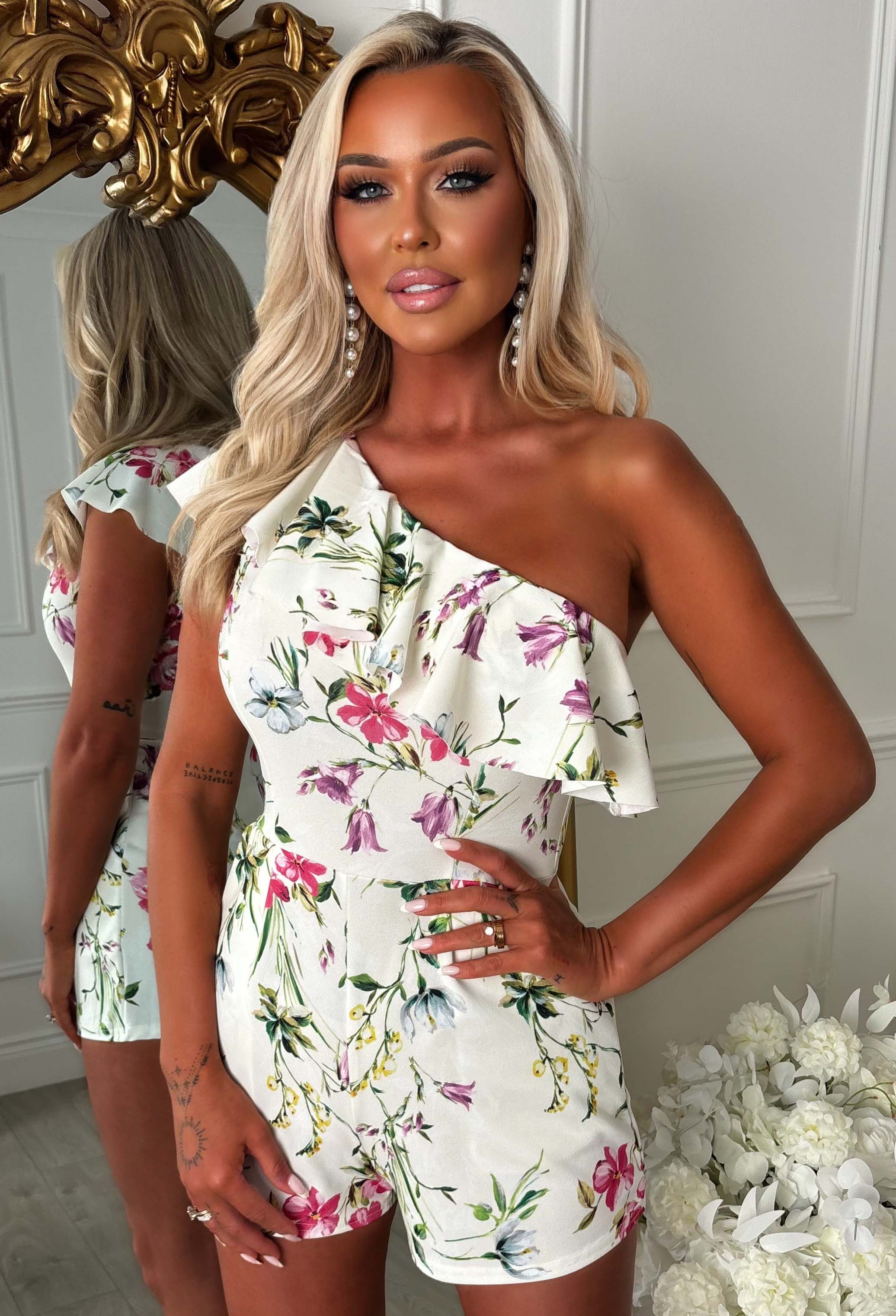 Rosy Daze Multi One Shoulder Floral Print Playsuit - Image 2