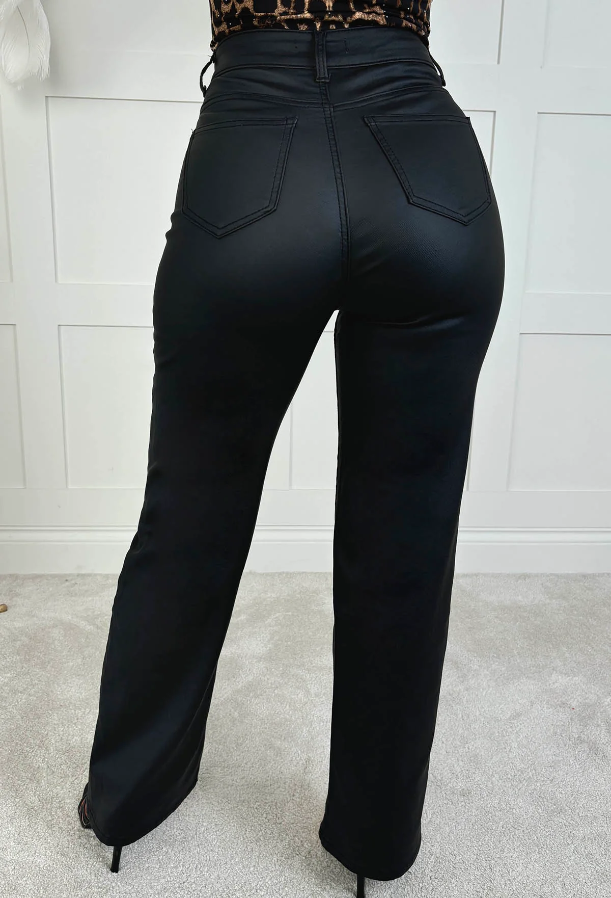 Roxie Black Faux Leather Stretch Wide Leg Jeans - Image 2