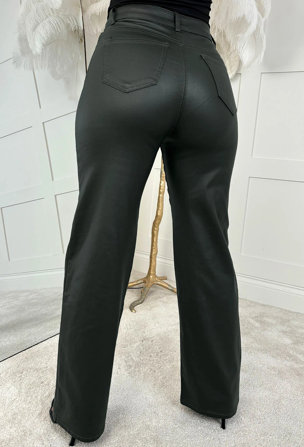 Roxie Khaki Faux Leather Stretch Wide Leg Jeans - Image 3