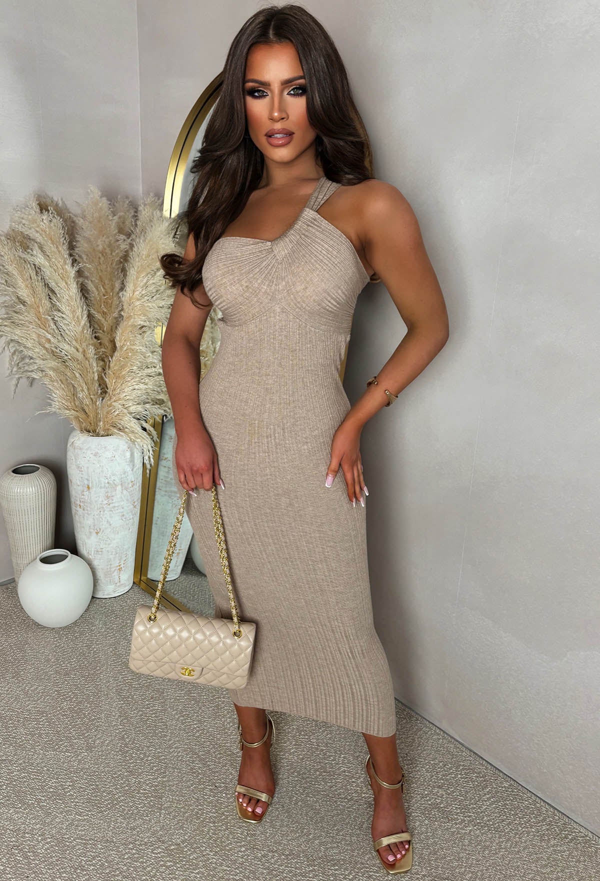 Runaway Heart Taupe Knot Detail Knitted Midi Dress - Image 3
