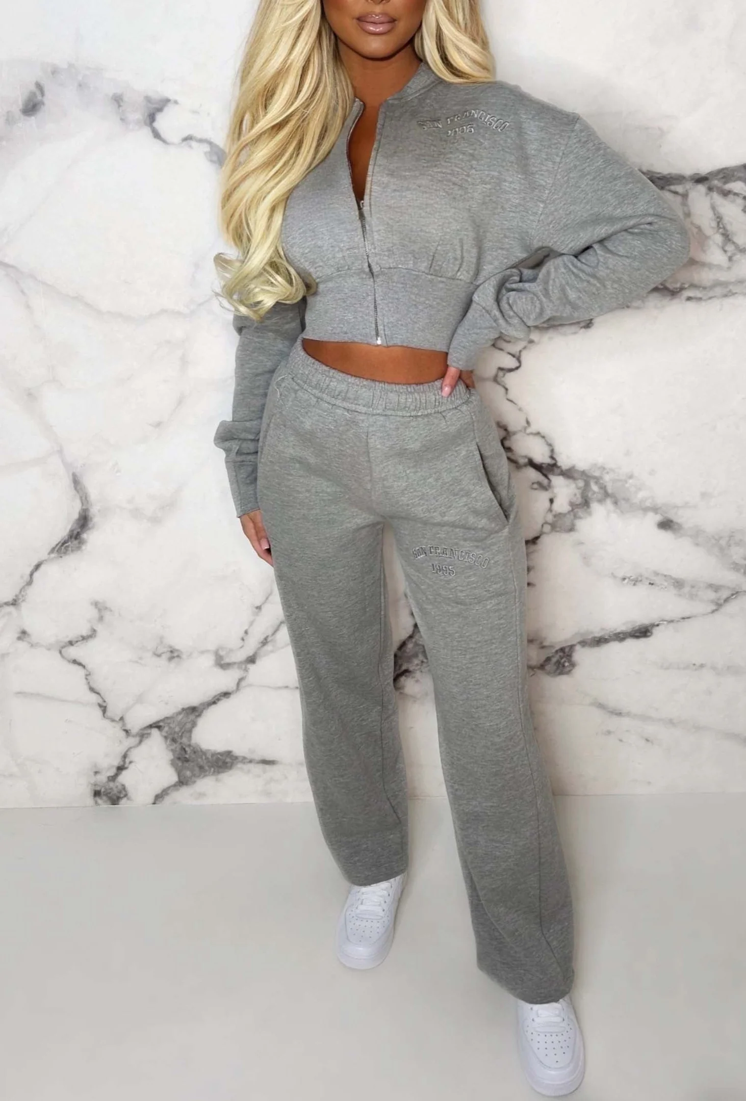 San Fran Dreaming Grey Marl Embroided Cropped Baseball Collar Two Piece Loungewear - Image 4