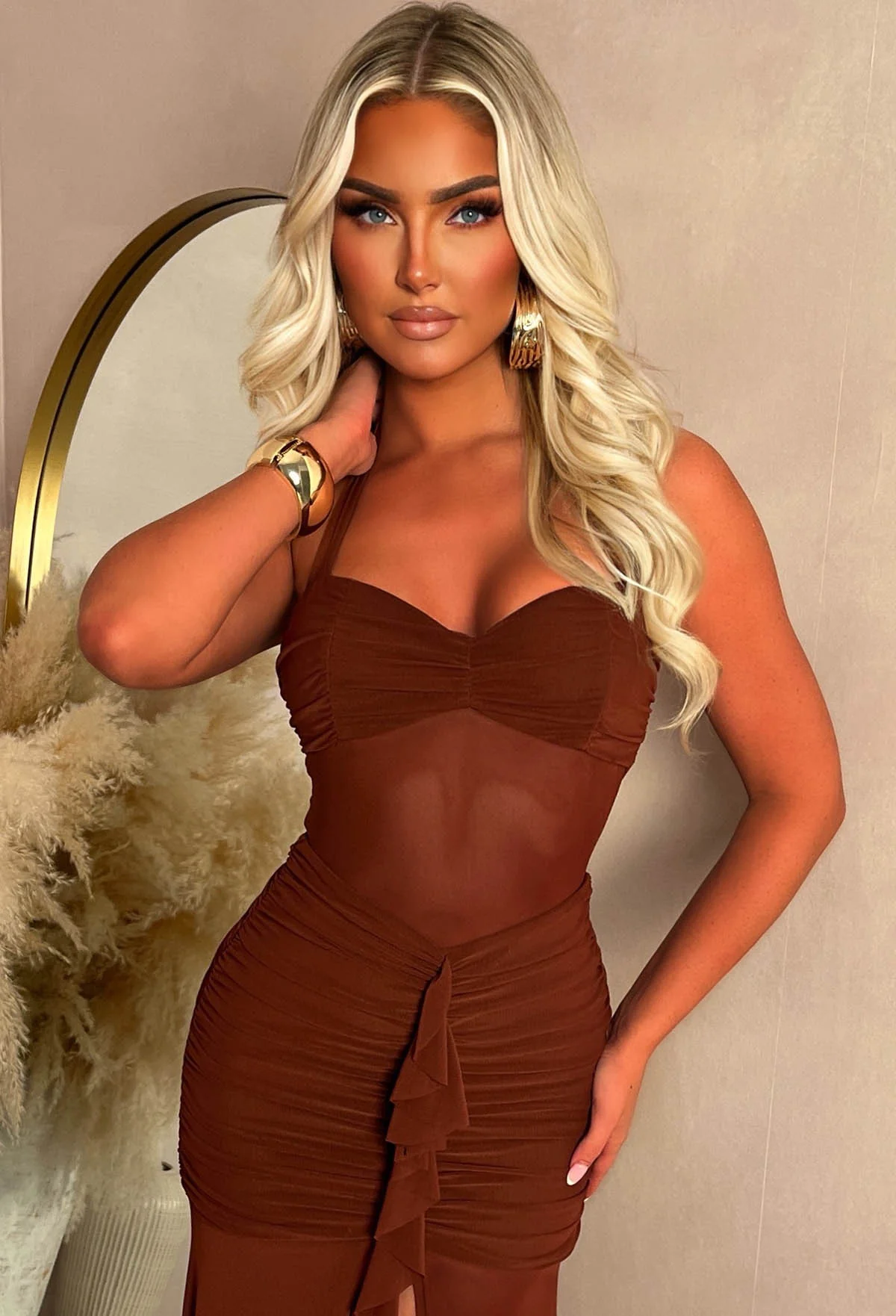 Santorini Seduction Brown Gathered Front Halter Maxi Dress - Image 3