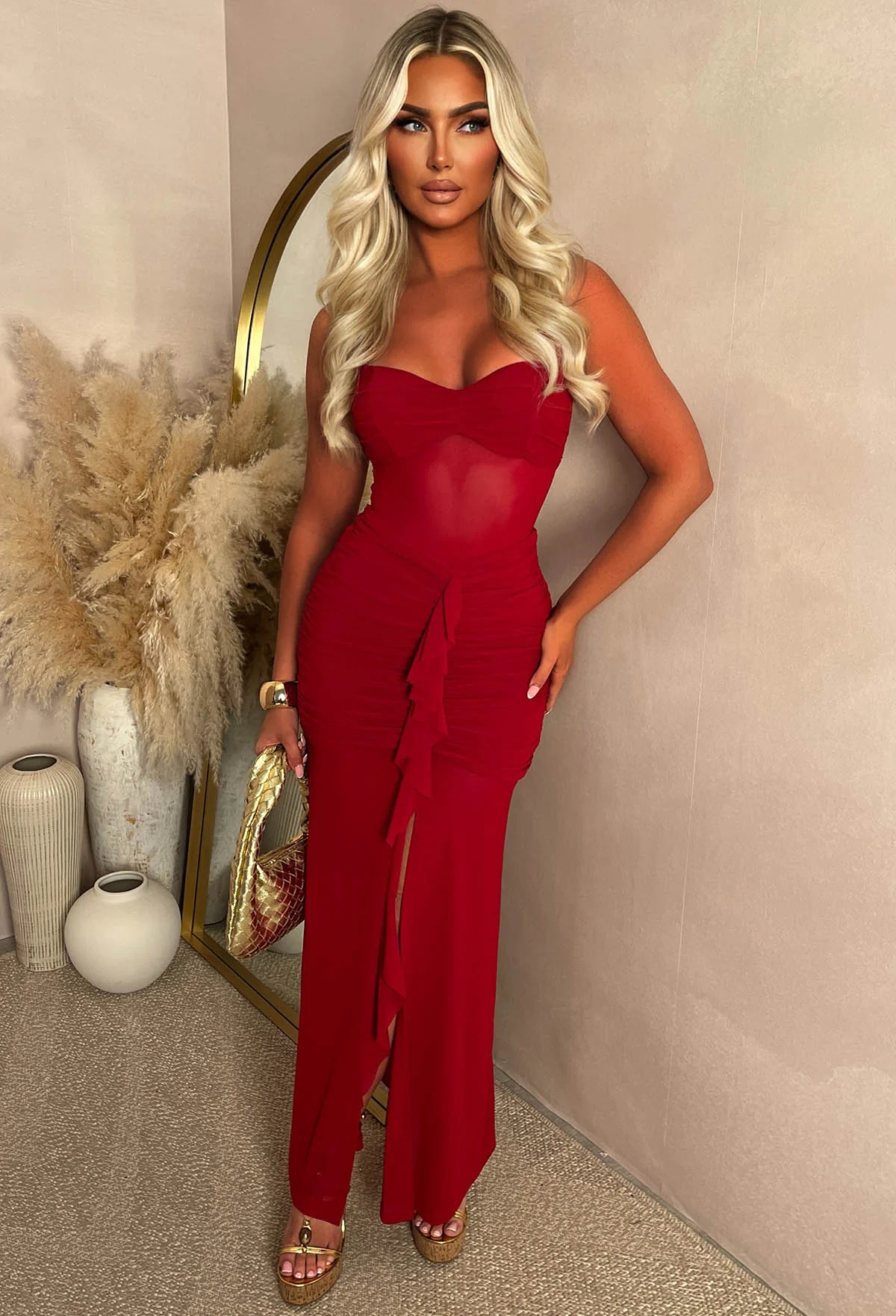 Santorini Seduction Red Gathered Front Halter Maxi Dress