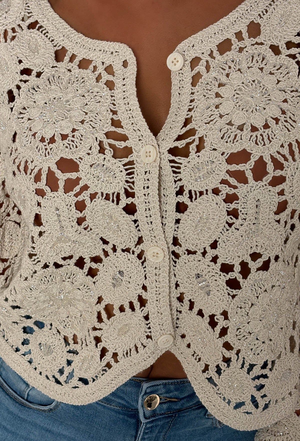 Saoirse Stone Beaded Crochet Knitted Cardigan - Image 4