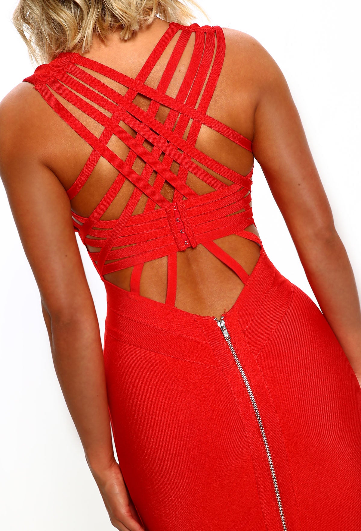 Sassy and Sweet Red Cross Strap Bandage Midi Dress - Image 6