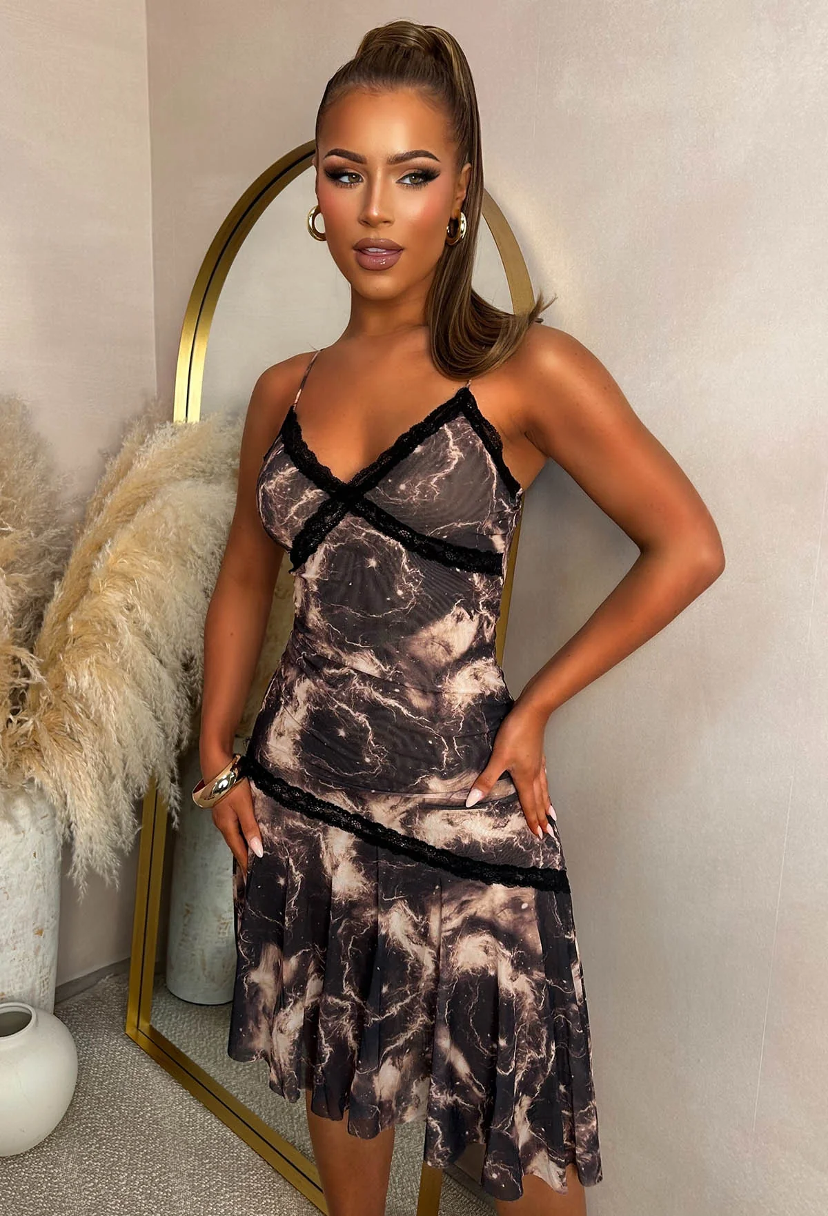 Sassy Statement Brown Abstract Print Lace Cami Midi Dress - Image 4