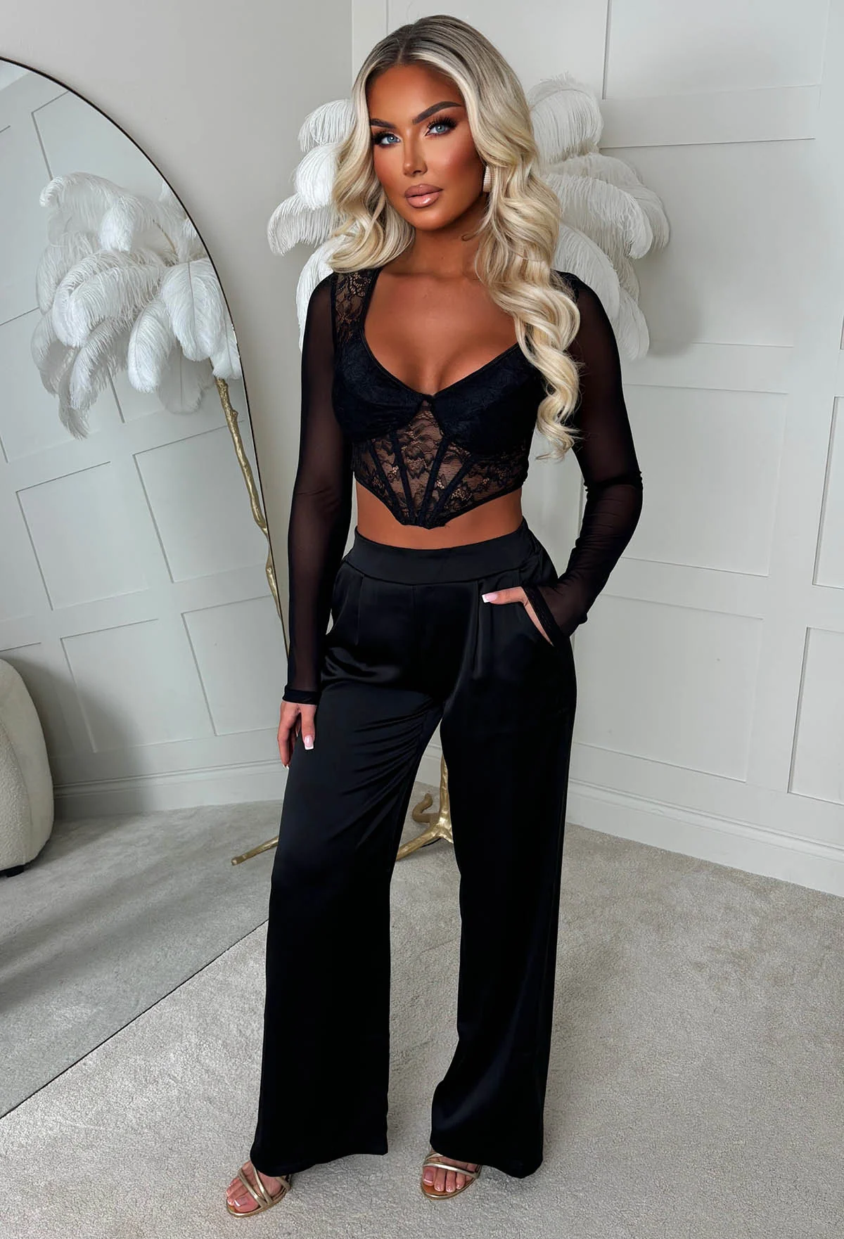 Satin Days Black Satin Elasticated Wide Leg Trousers - Image 2