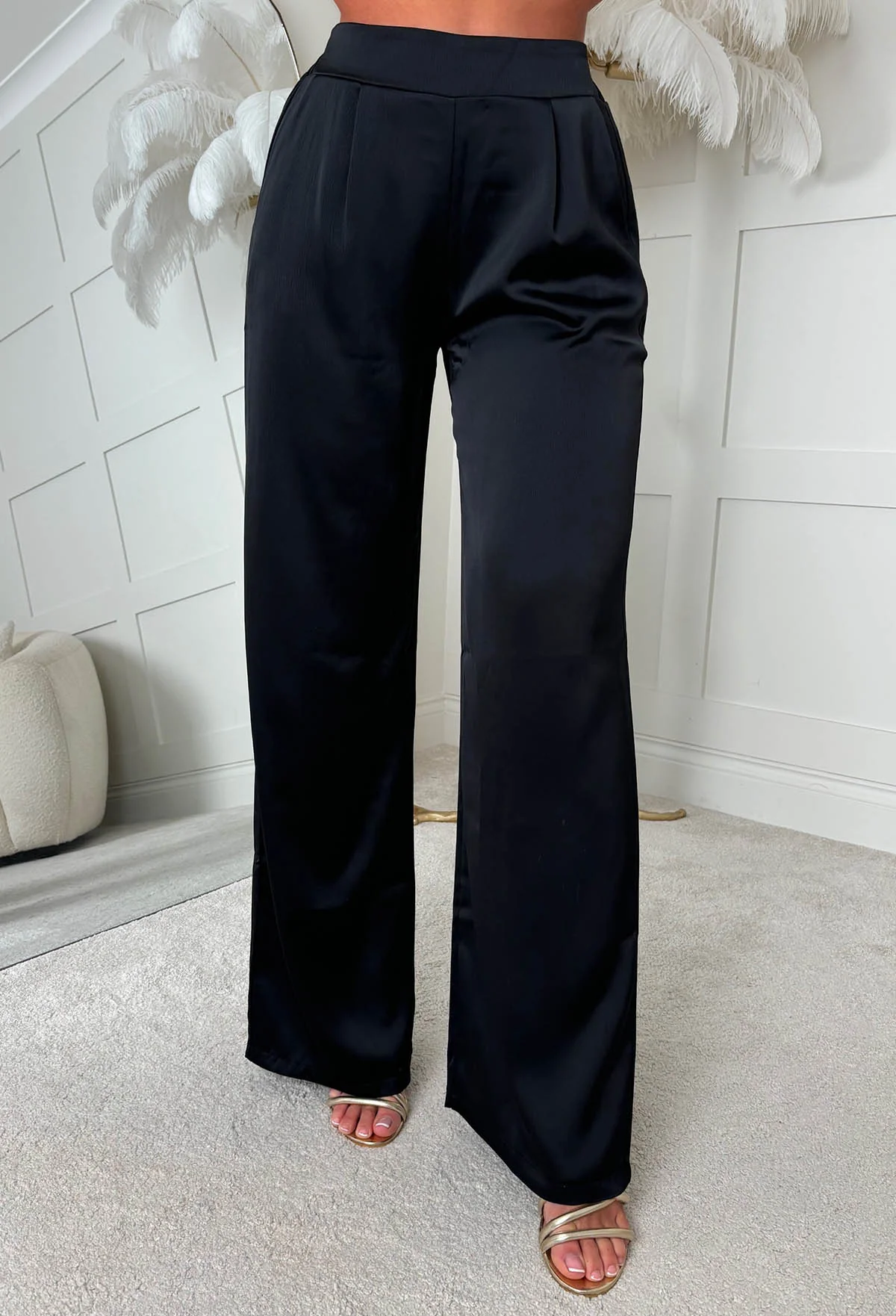 Satin Days Black Satin Elasticated Wide Leg Trousers - Image 3