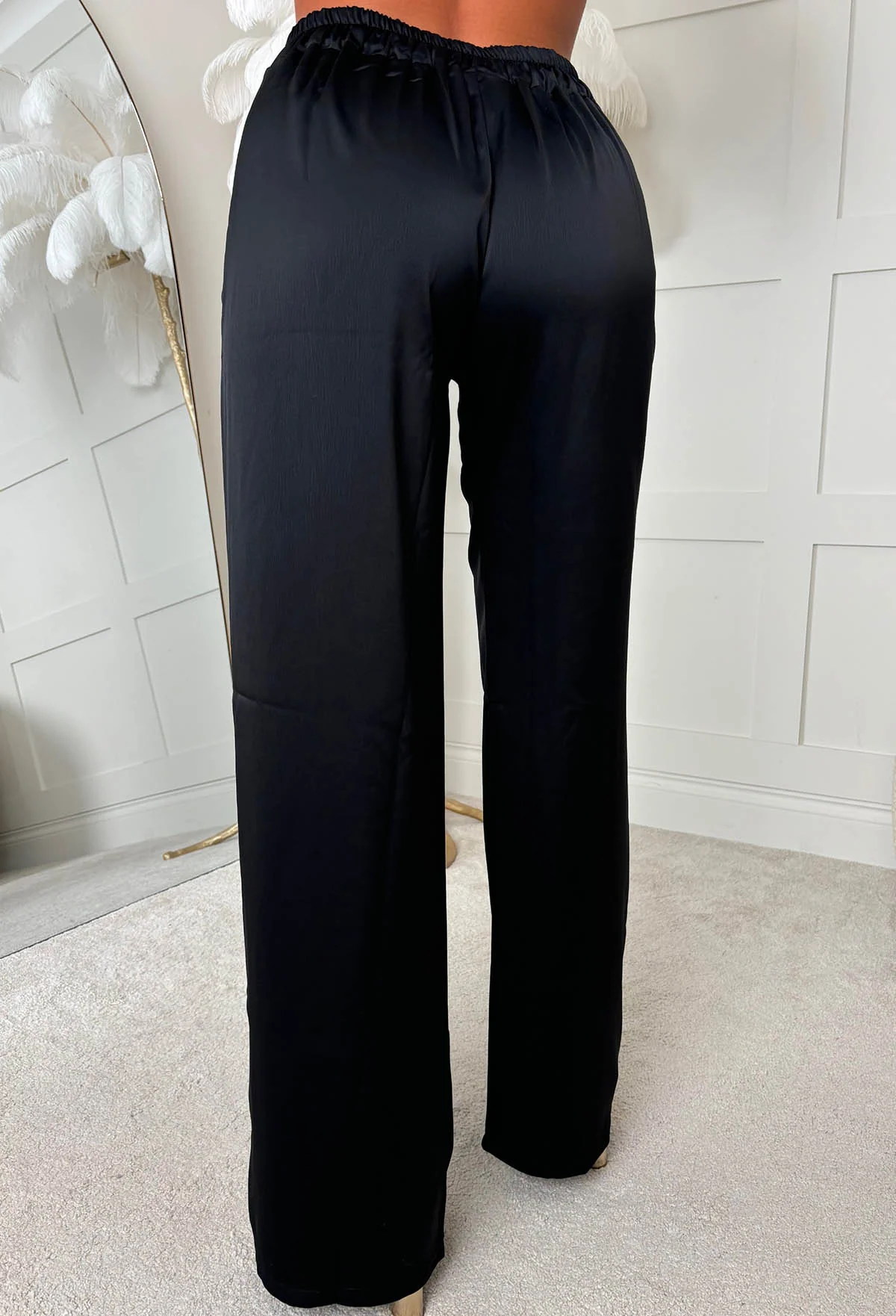 Satin Days Black Satin Elasticated Wide Leg Trousers - Image 4