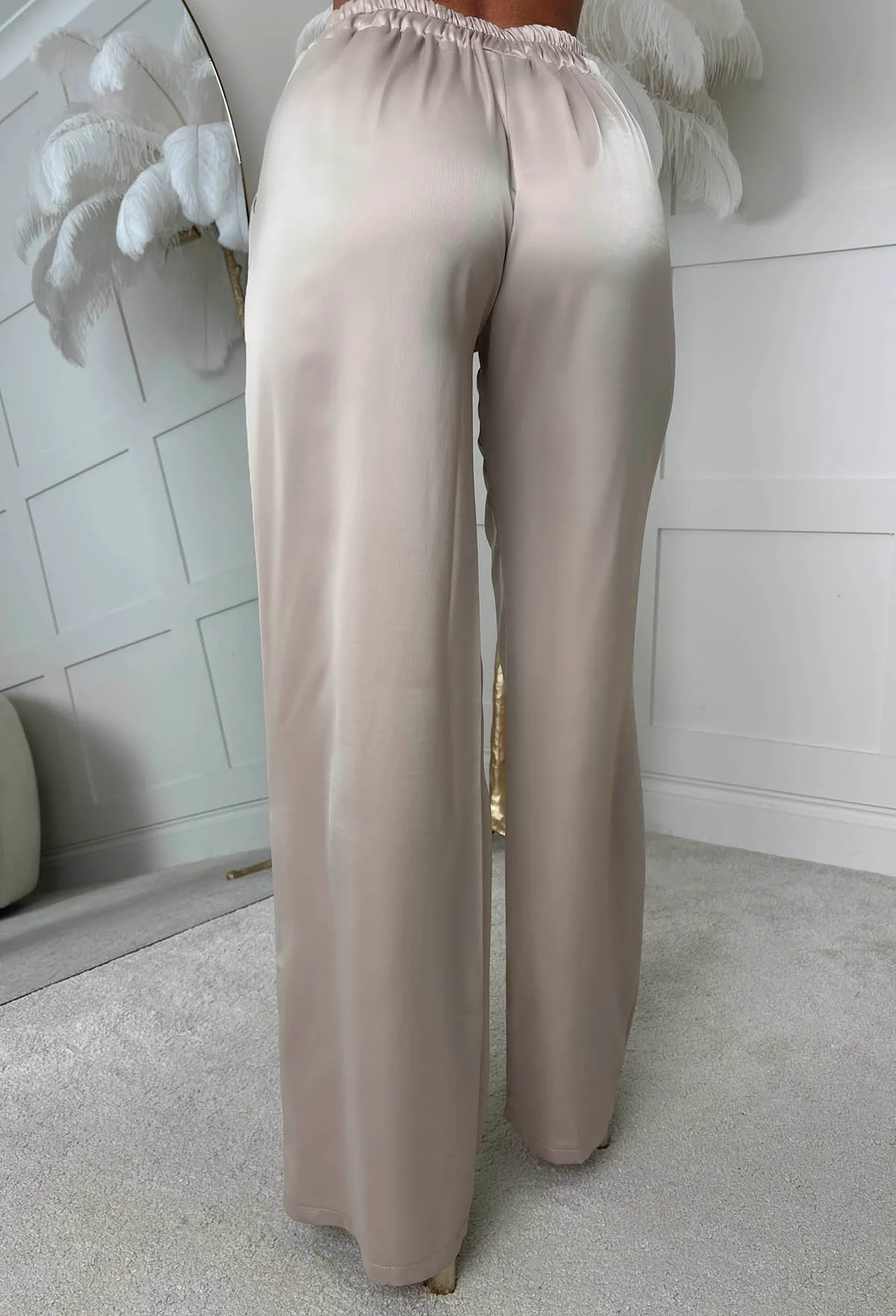 Satin Days Champagne Satin Elasticated Wide Leg Trousers - Image 4